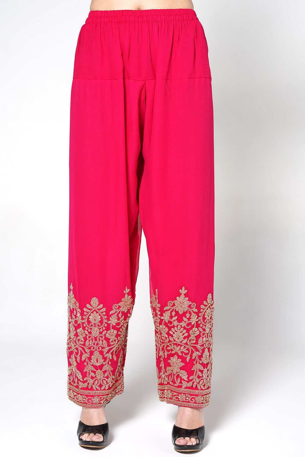 Black Georgette Kurta Set with Magenta Pink Embroidered Pants