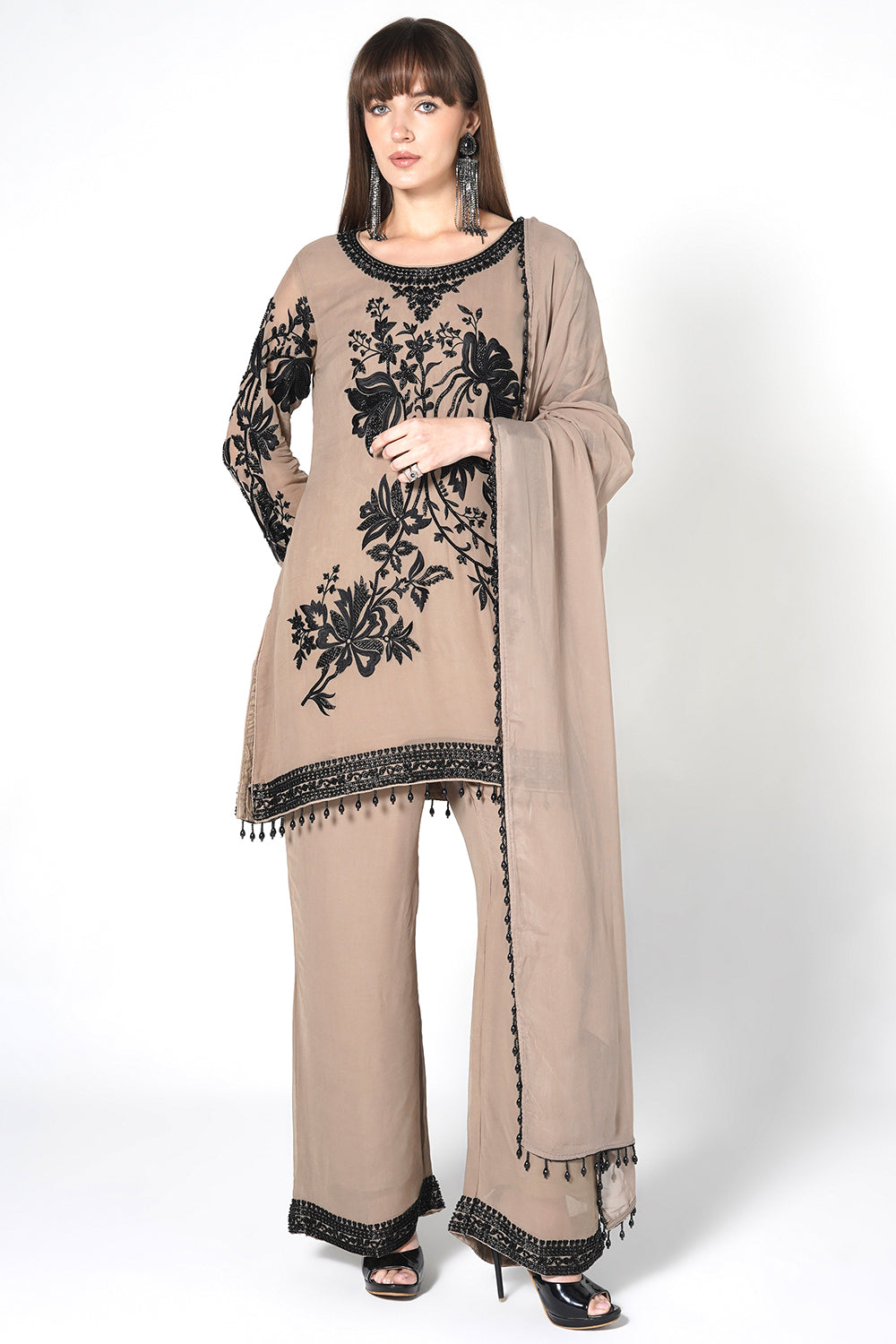 Black Georgette Kurta Set with Contrast White Floral Embroidery