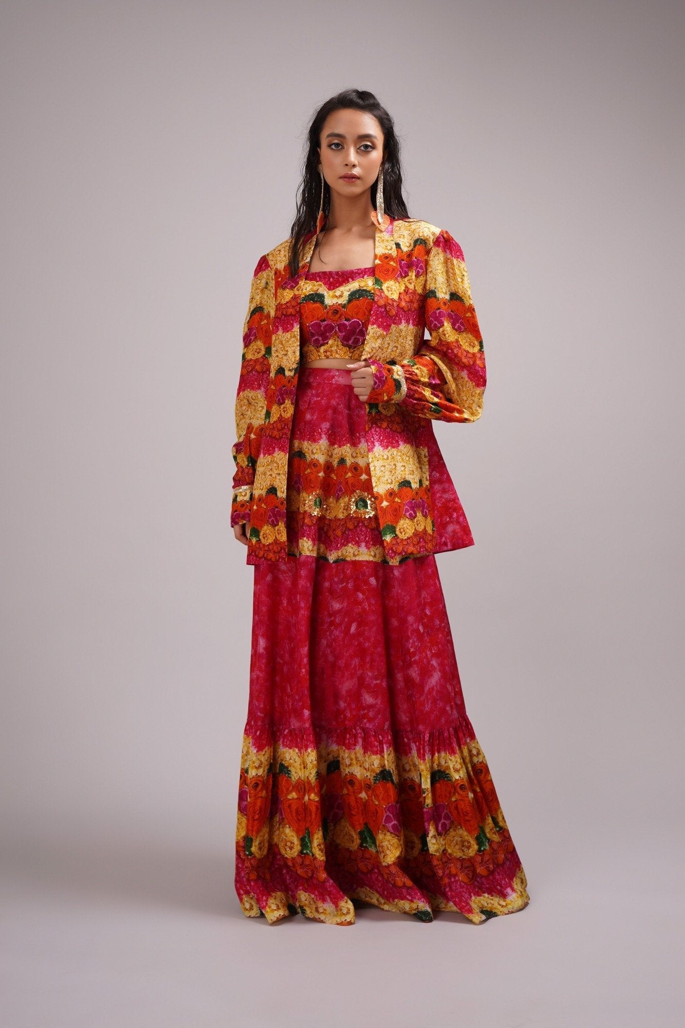 Scoop Neck Bustier Blouse Light Lehanga Set Paired With A Stylised Jacket.