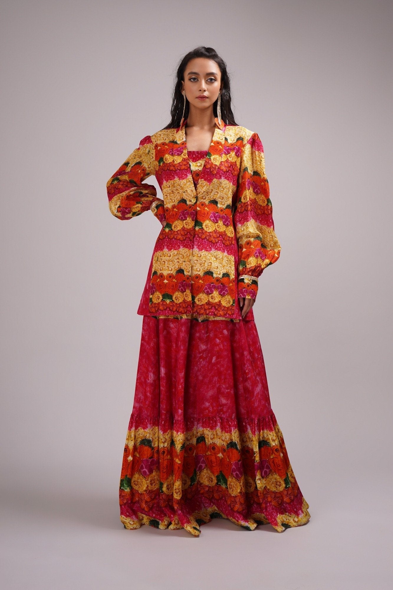 Scoop Neck Bustier Blouse Light Lehanga Set Paired With A Stylised Jacket.