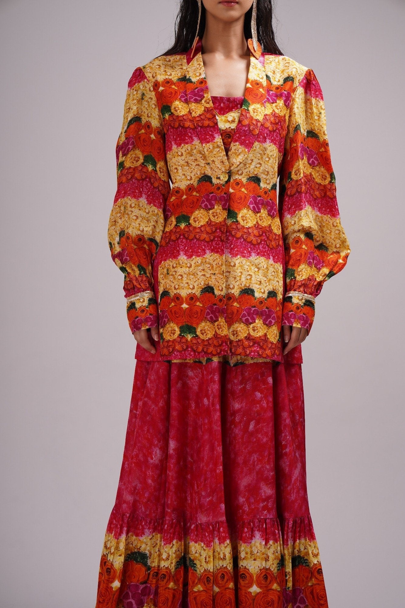 Scoop Neck Bustier Blouse Light Lehanga Set Paired With A Stylised Jacket.