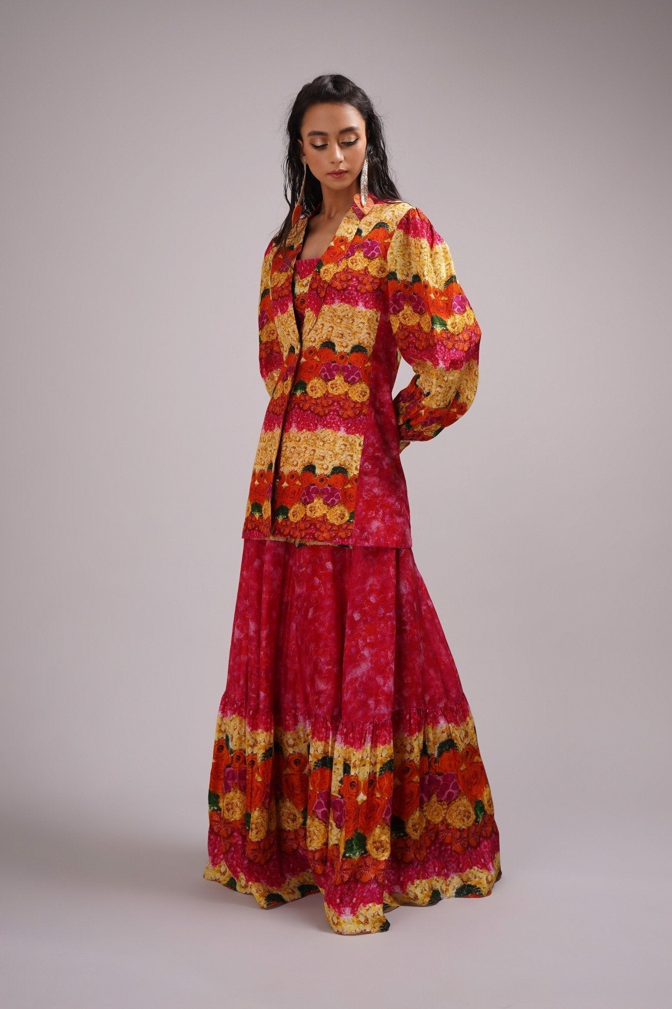 Scoop Neck Bustier Blouse Light Lehanga Set Paired With A Stylised Jacket.