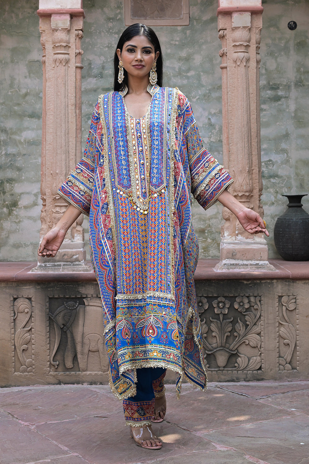 Blue Viscose Crepe Kaftan Pant Set - Festive Designer Wear