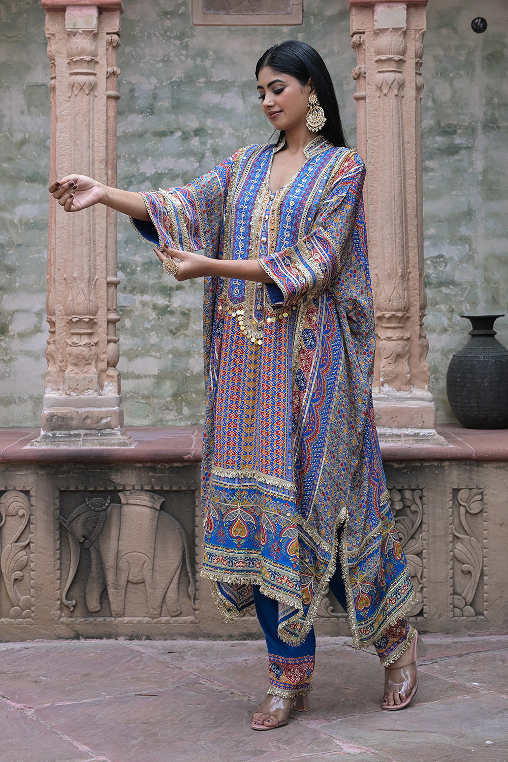 Blue Viscose Crepe Kaftan Pant Set - Festive Designer Wear