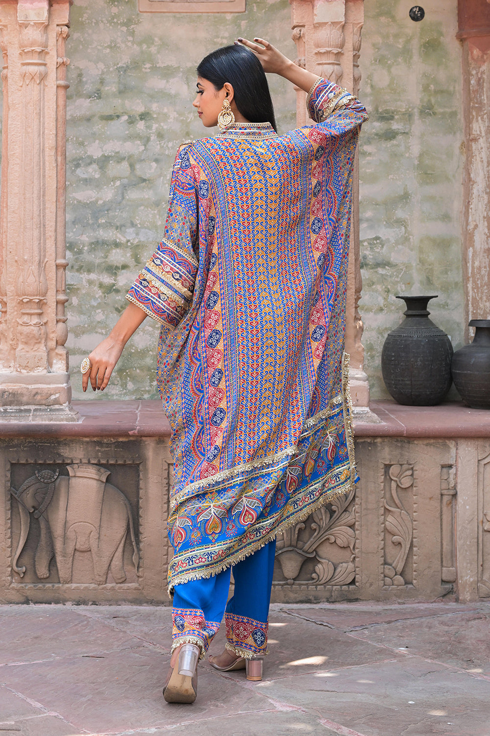 Blue Viscose Crepe Kaftan Pant Set - Festive Designer Wear