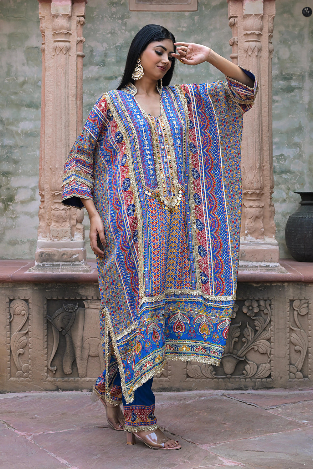 Blue Viscose Crepe Kaftan Pant Set - Festive Designer Wear