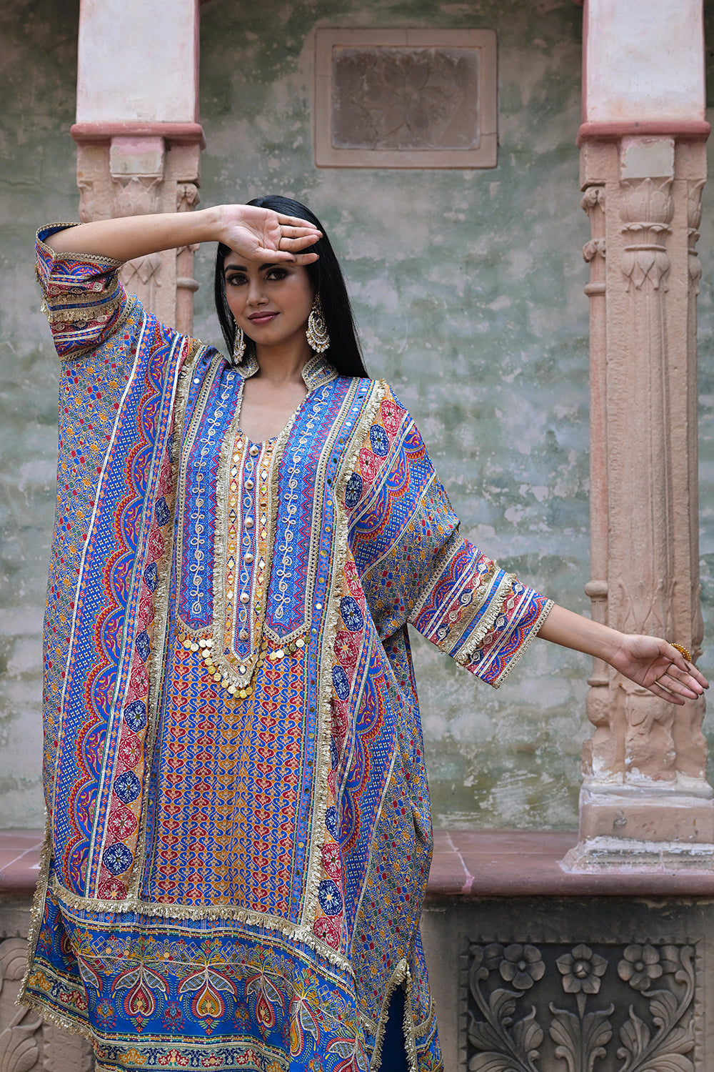 Blue Viscose Crepe Kaftan Pant Set - Festive Designer Wear