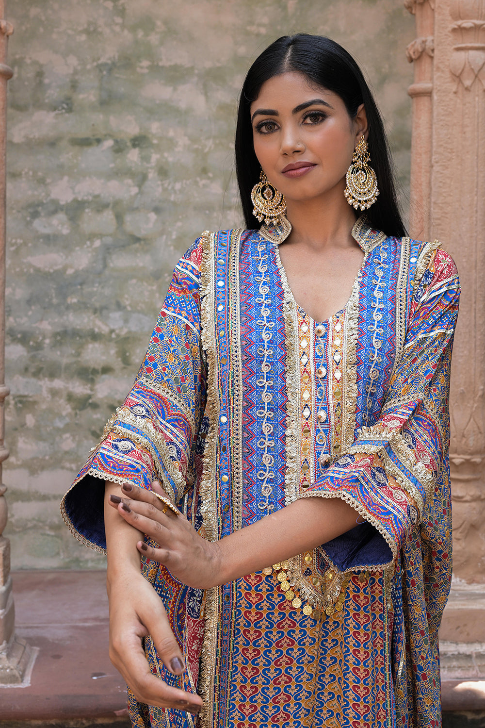 Blue Viscose Crepe Kaftan Pant Set - Festive Designer Wear