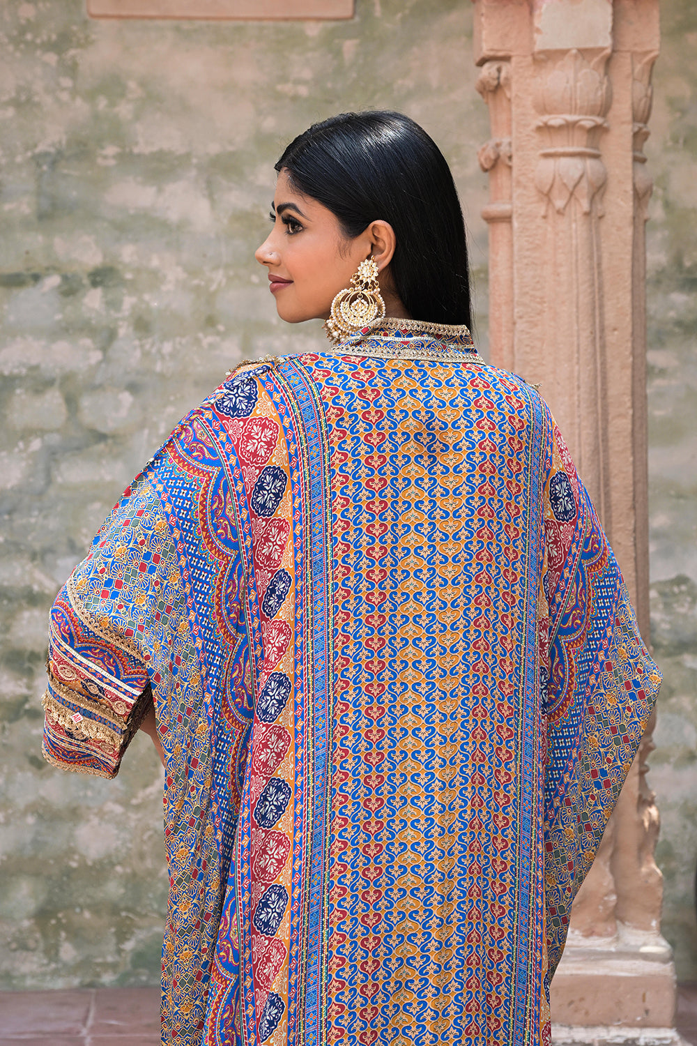 Blue Viscose Crepe Kaftan Pant Set - Festive Designer Wear