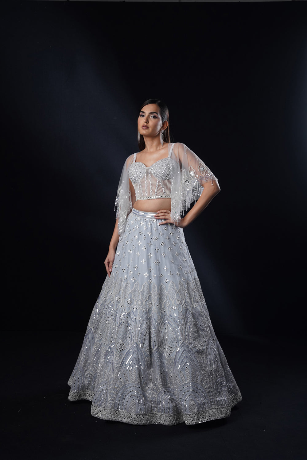 "Meera" Powder Blue Lehenga Set With Pearl Corset Blouse And Cape