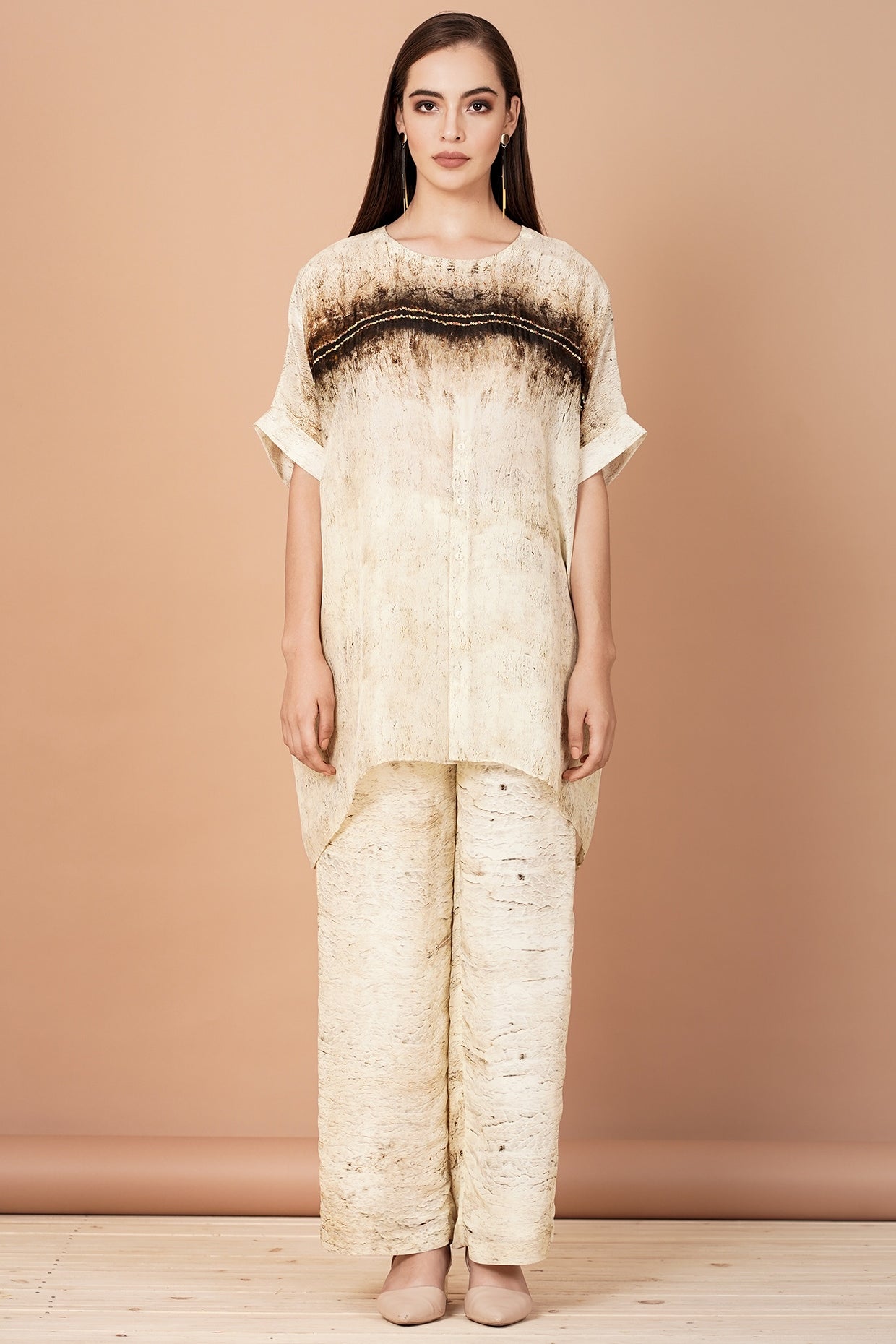 Brown & Beige Embroidered Pants Set