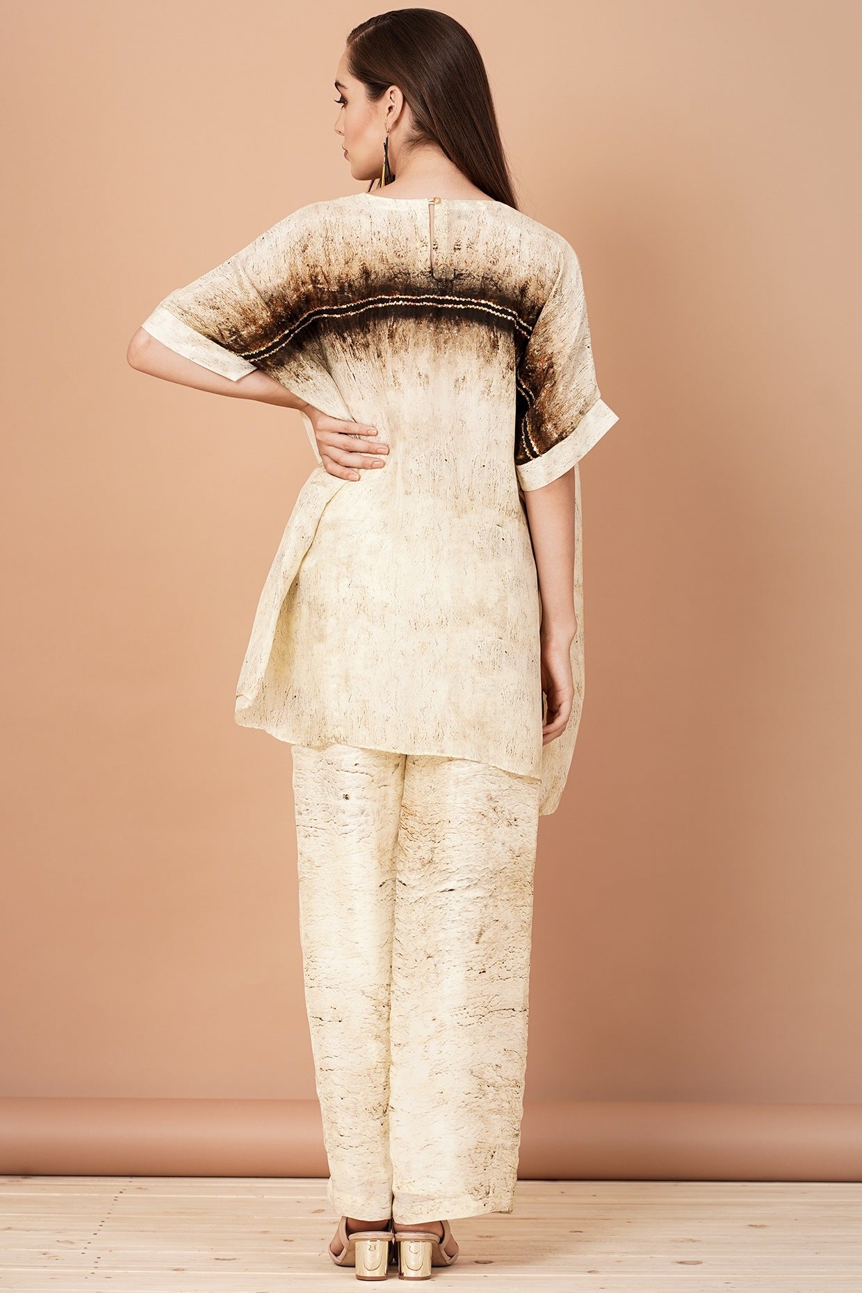 Brown & Beige Embroidered Pants Set