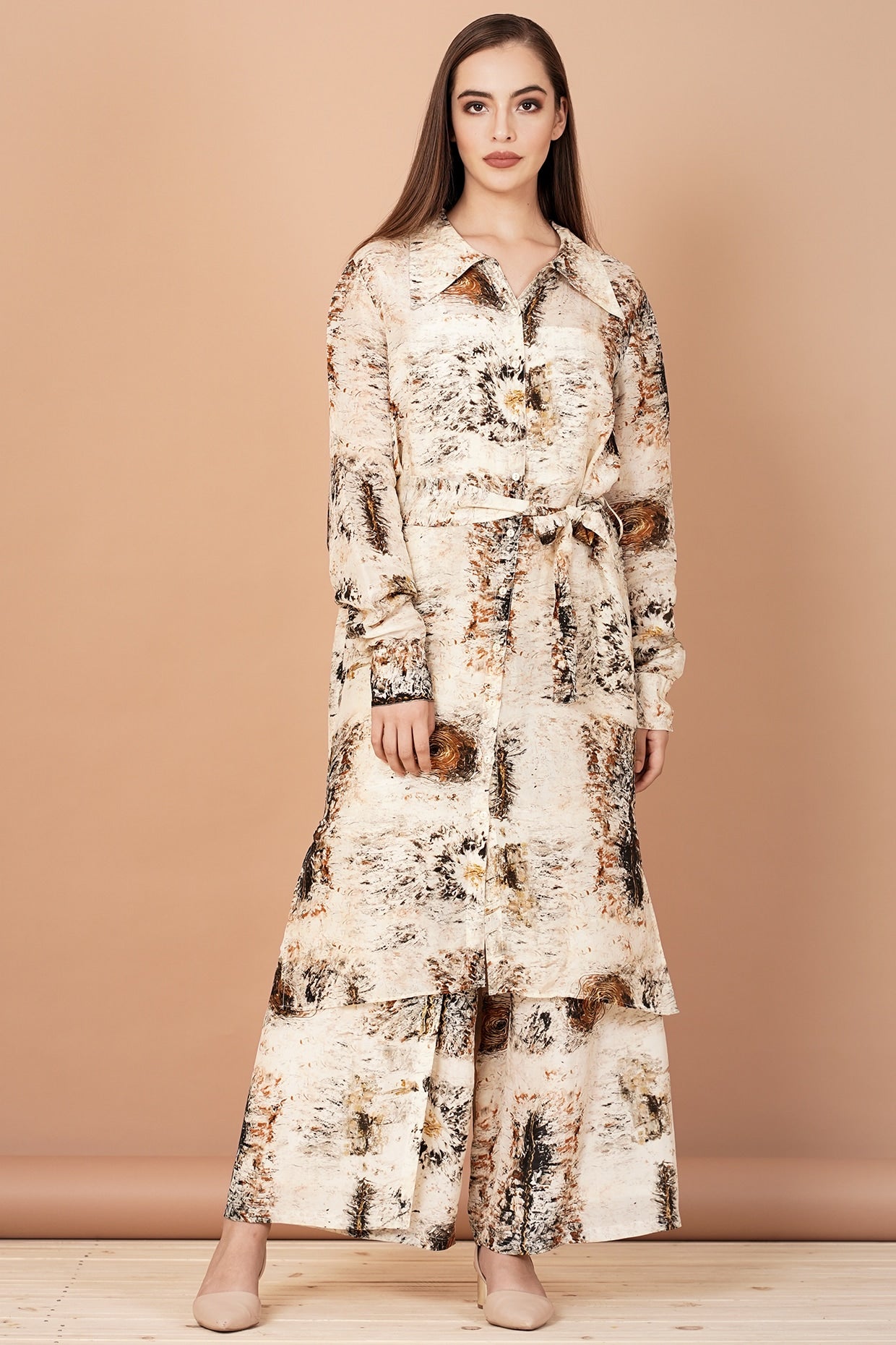 Beige & Brown Printed Tunic Set
