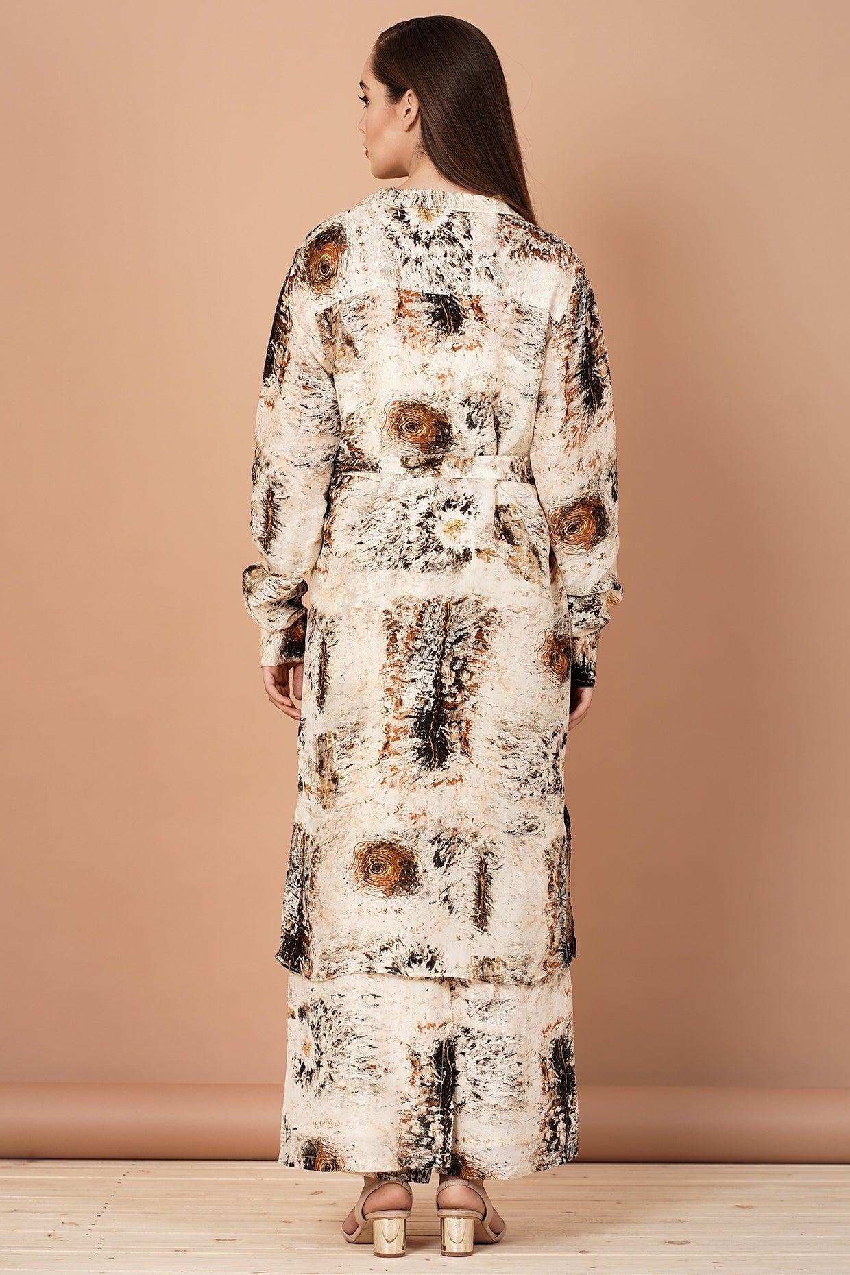 Beige & Brown Printed Tunic Set
