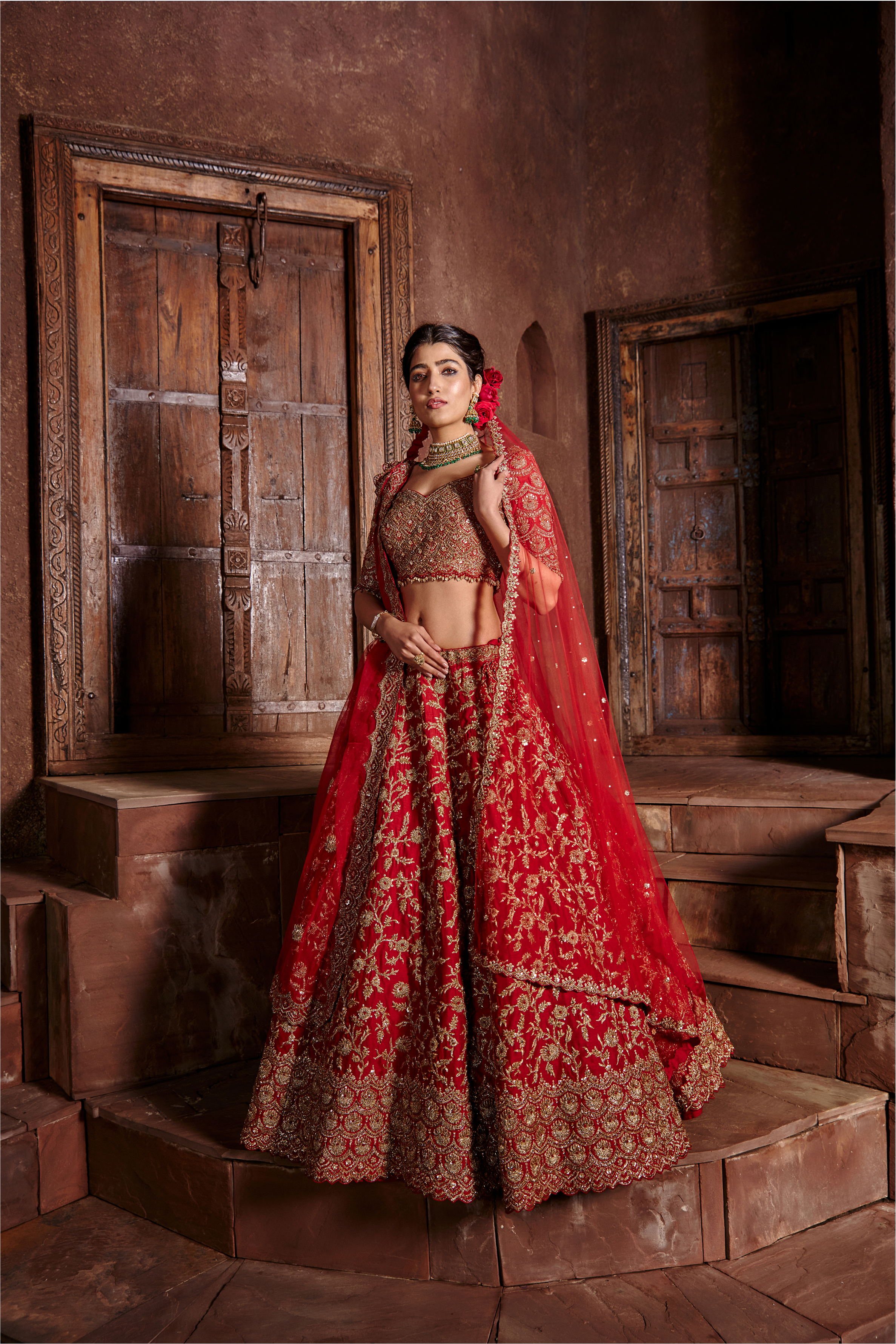 Deep Scarlet Red Raw Silk Lehenga with Antique Zari Work