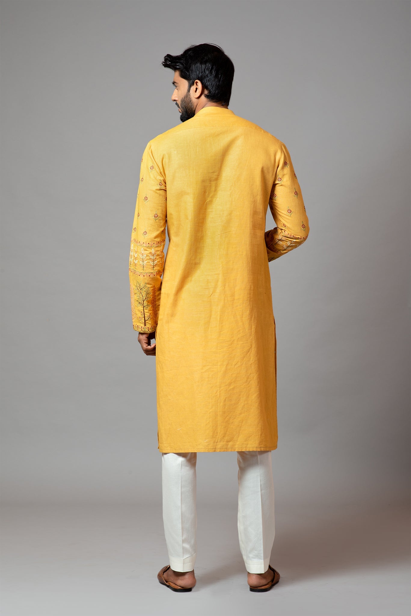 Mustard With Red Flower Embroidered Kurta And Pant Pajama Set