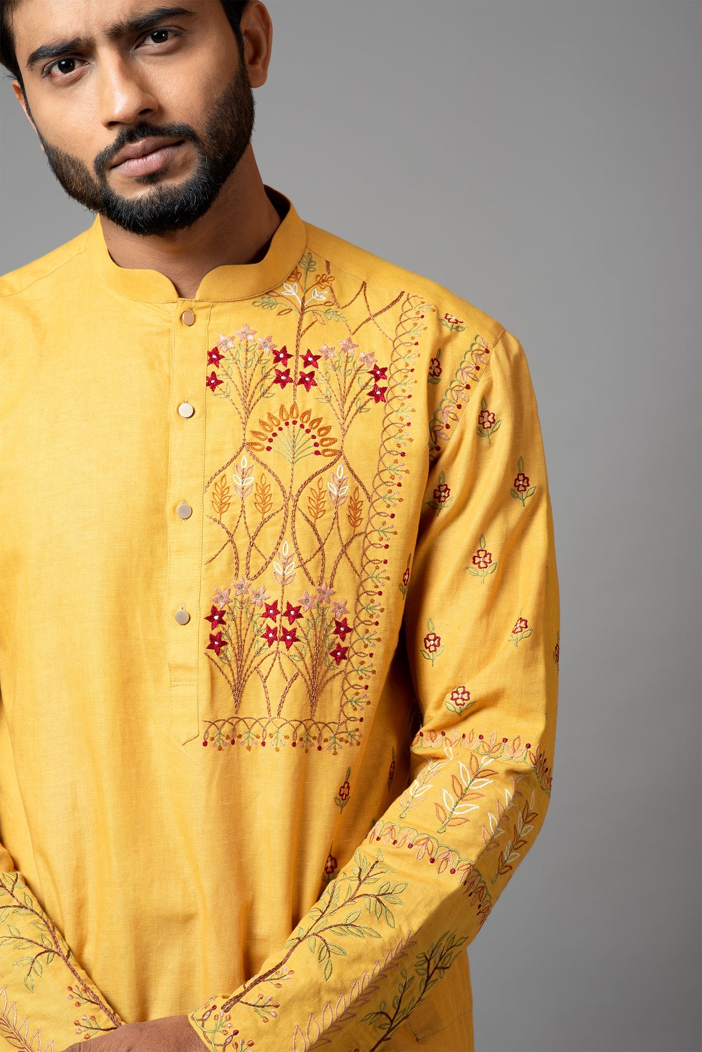 Mustard With Red Flower Embroidered Kurta And Pant Pajama Set