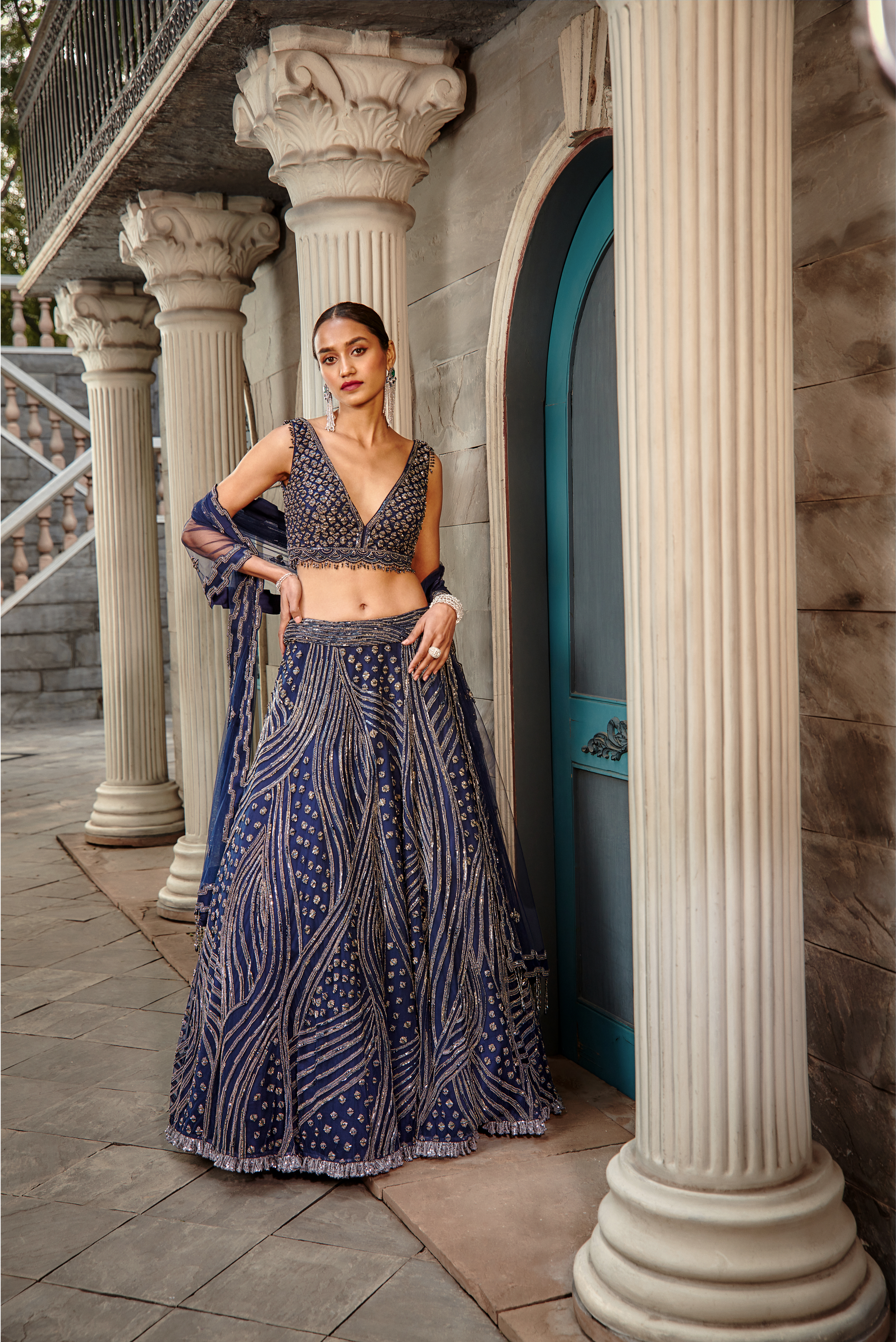Navy Blue Net Lehenga Set with Geometric Metallic Beadwork
