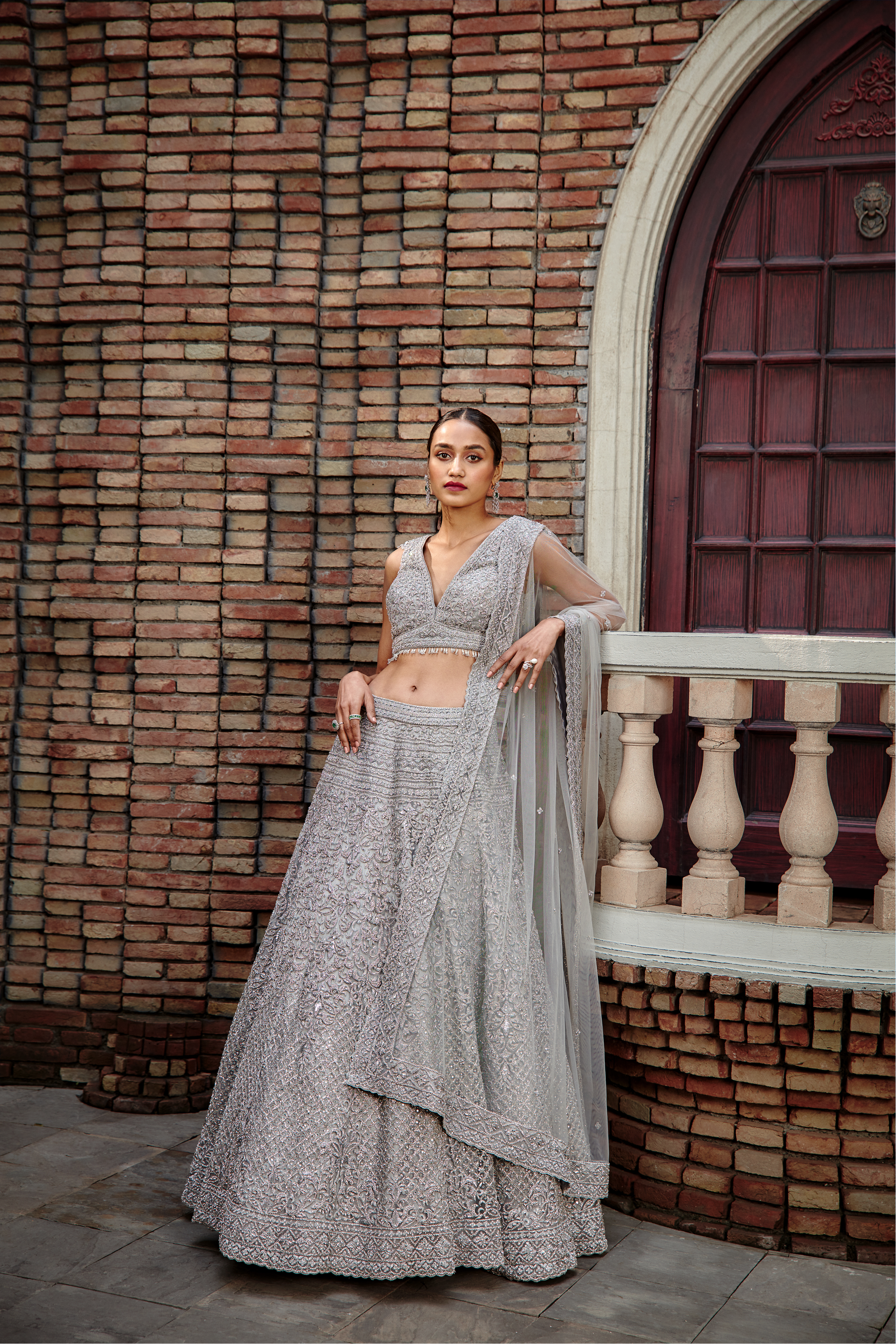 Silver Grey Tulle Lehenga Set with Intricate Zari & Crystals