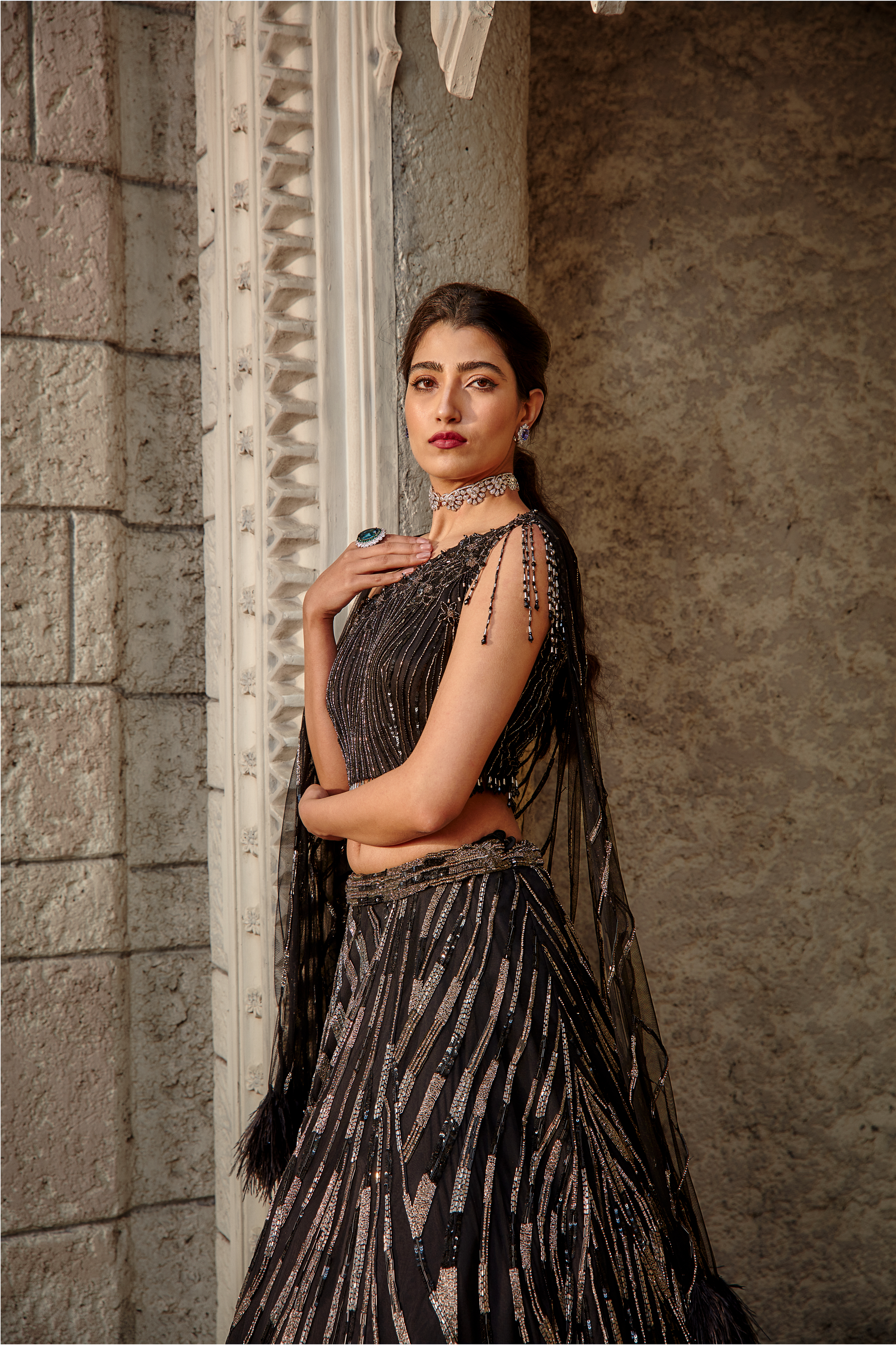 Black Tulle Lehenga Set with Sequin & Feather Embellishments