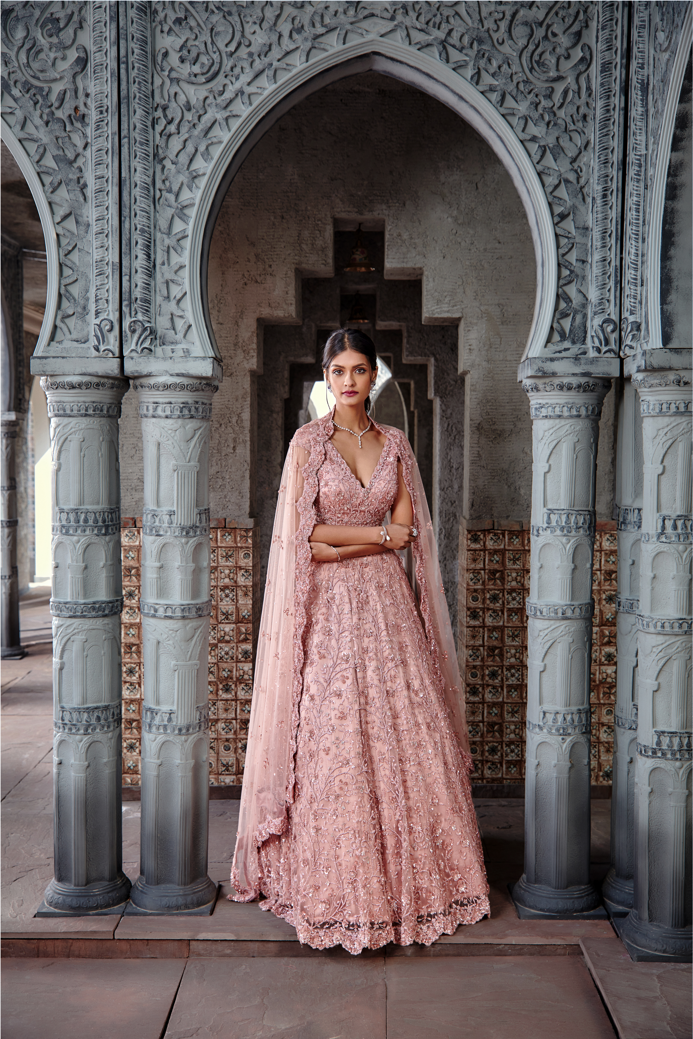 Dusty Coral Tulle Lehenga Set with Sequin Floral Jaal
