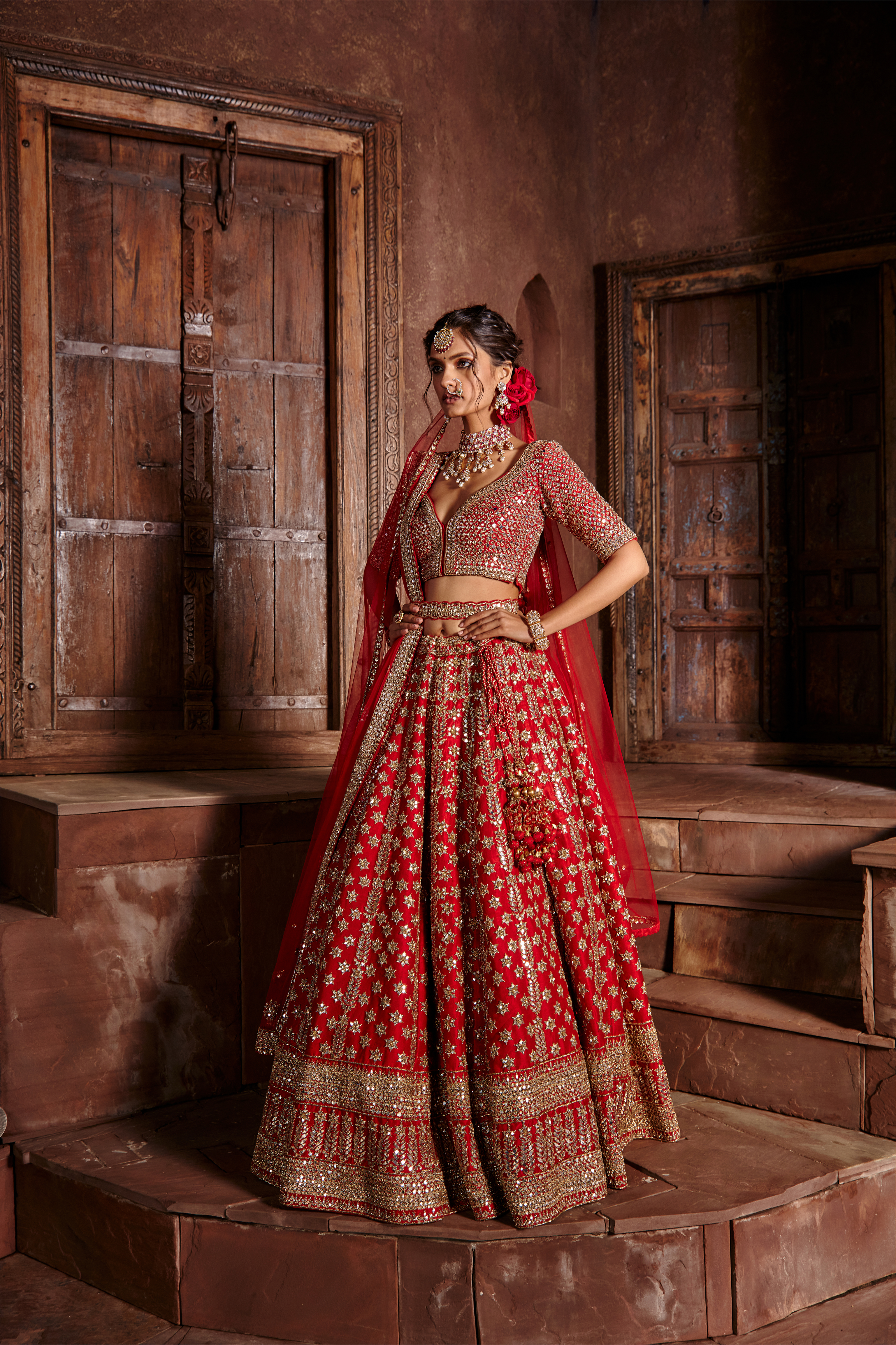 Crimson Red Raw Silk Lehenga Set with Antique Dabka & Mirror Work
