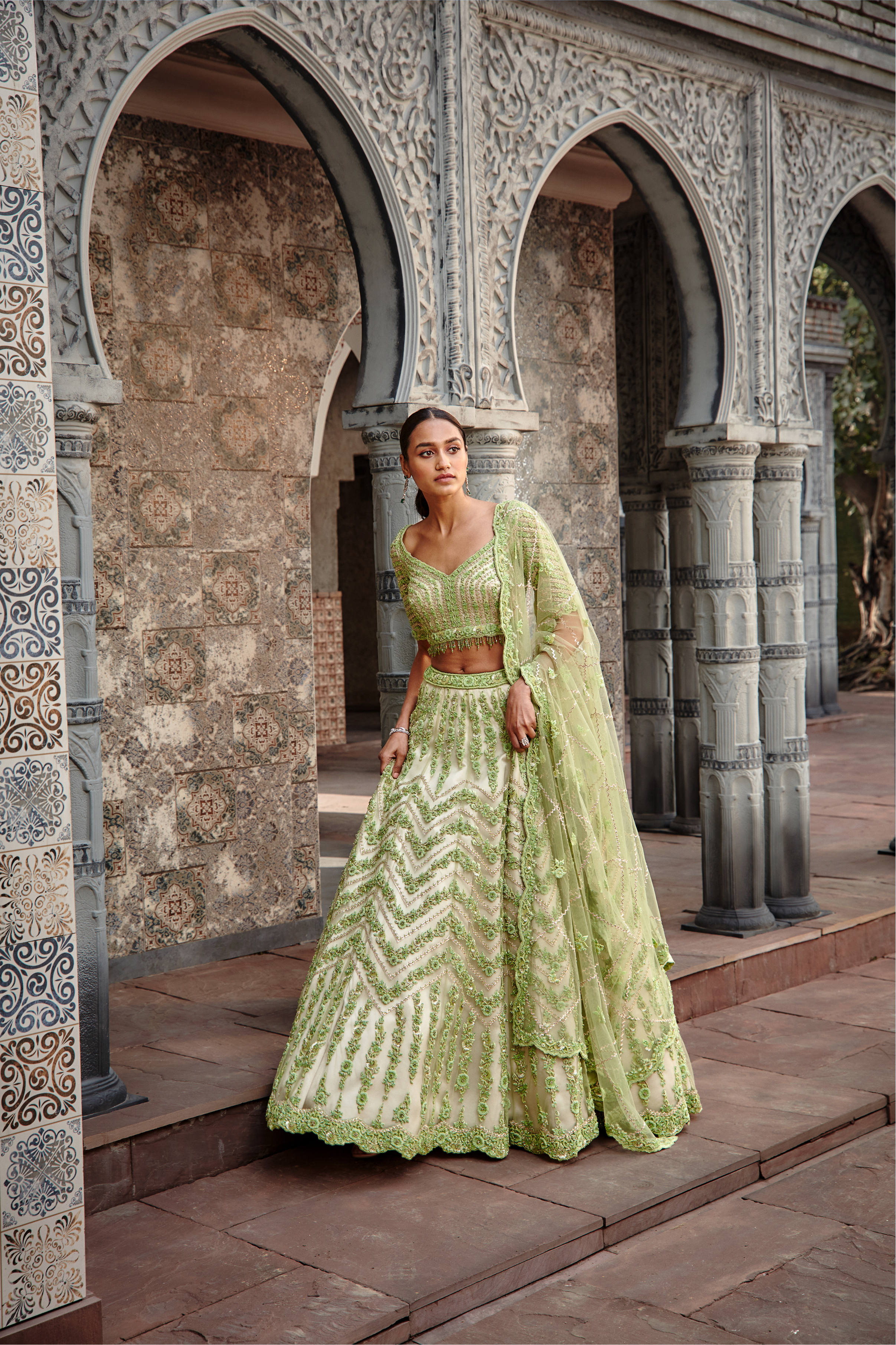 Ivory Lime Gota Resham Crystal Lehenga Set for Luxury Weddings
