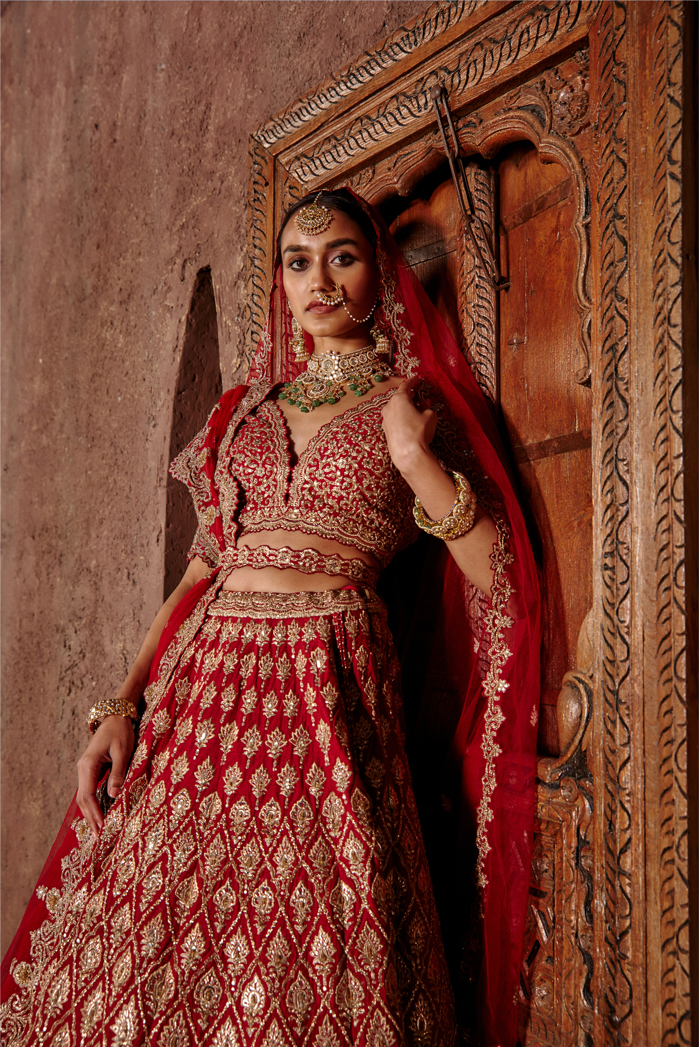 Red Raw Silk Lehenga Set with Leather Applique | Bridal Couture