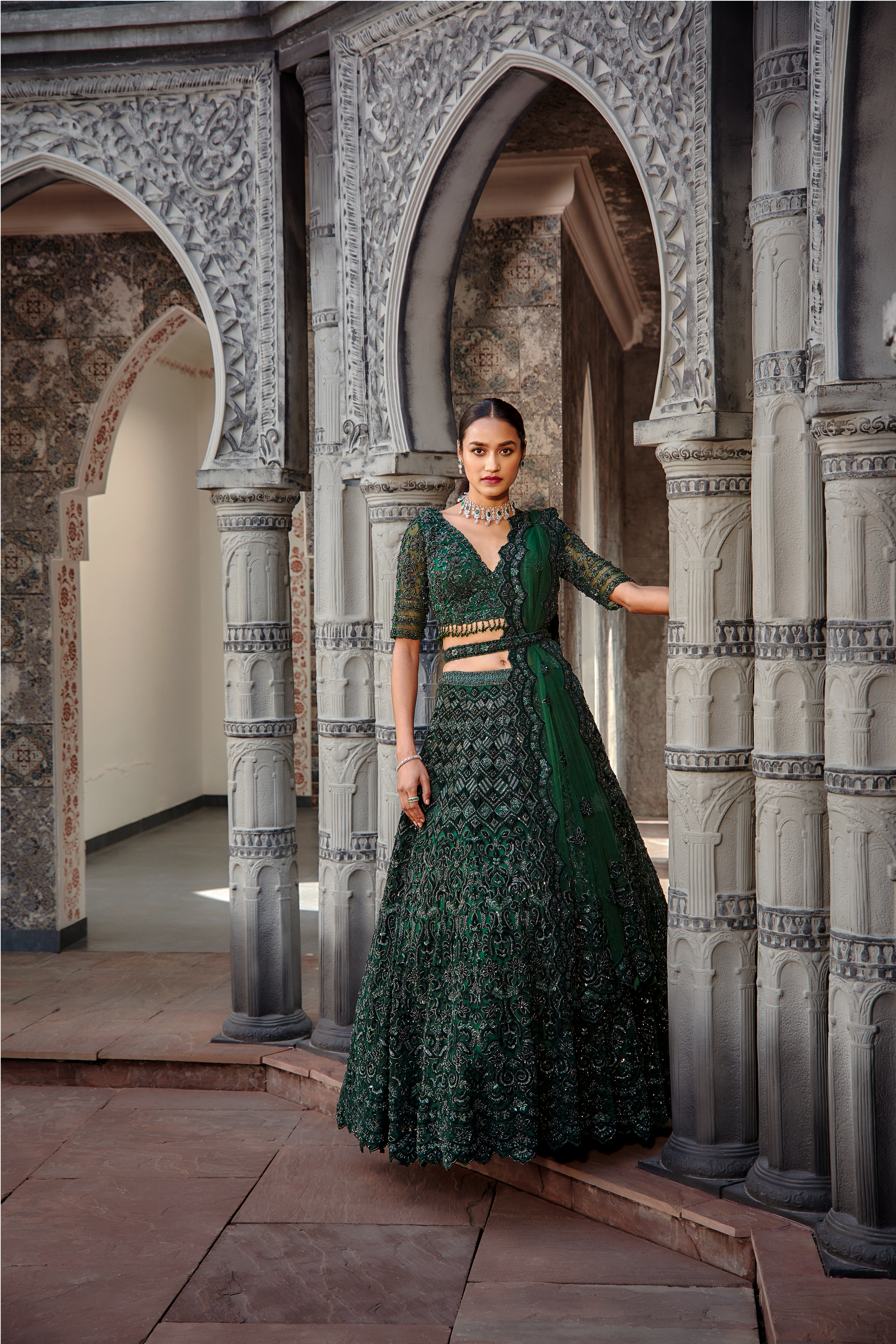 Bottle Green Velvet Applique Tulle Lehenga Set for Weddings