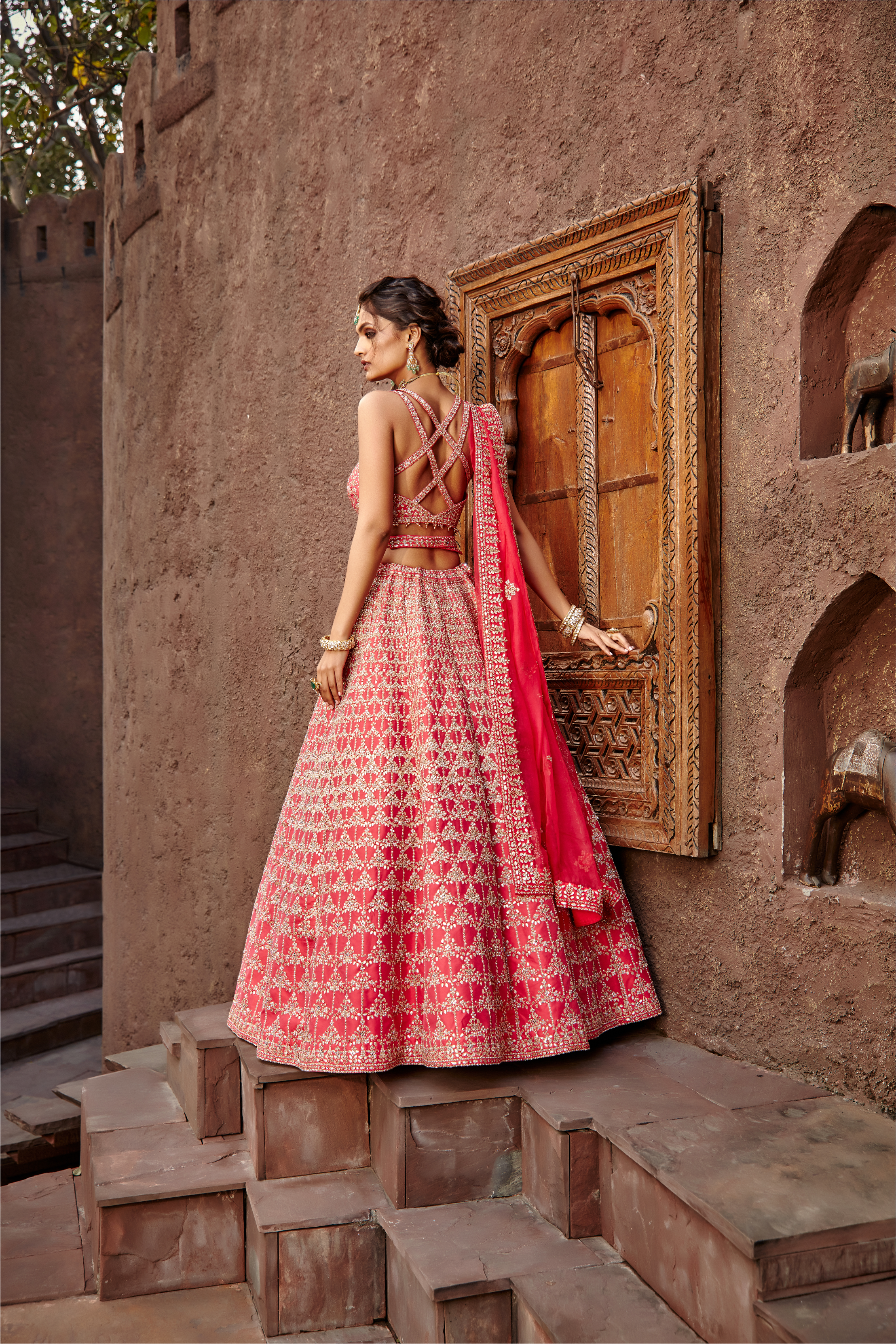 Coral Raw Silk Gota Work Lehenga Set for Bridal Occasions
