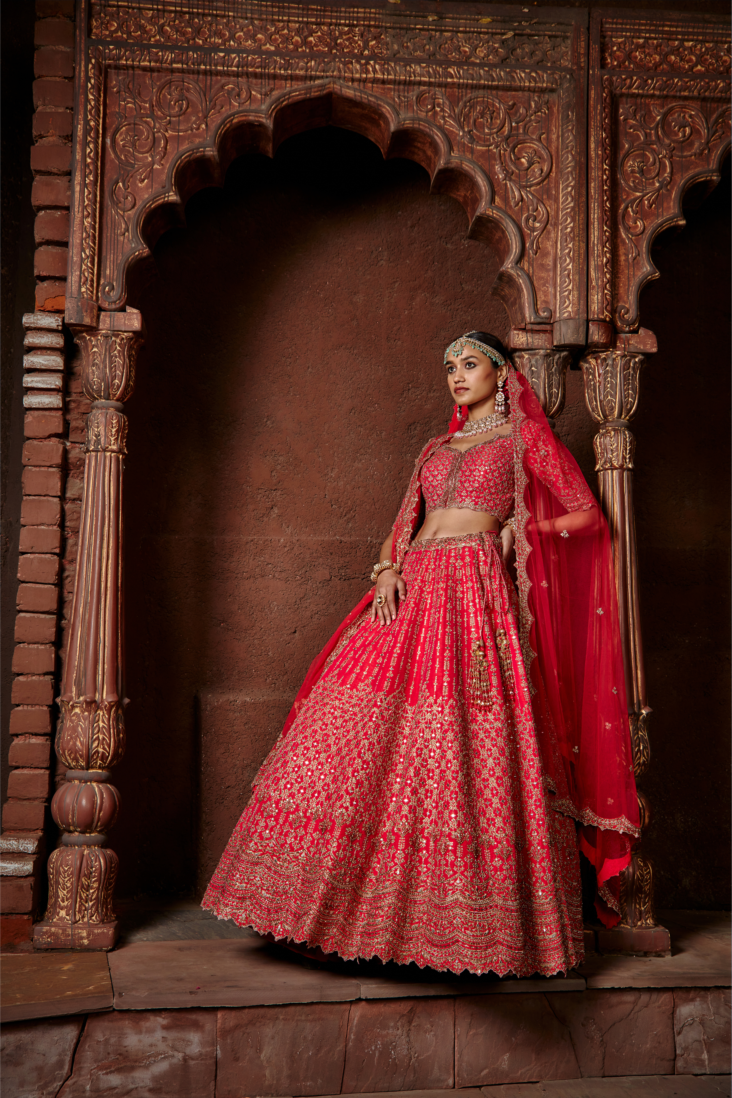 Fuchsia Red Raw Silk Lehenga with Gold Zari and Mirror Work