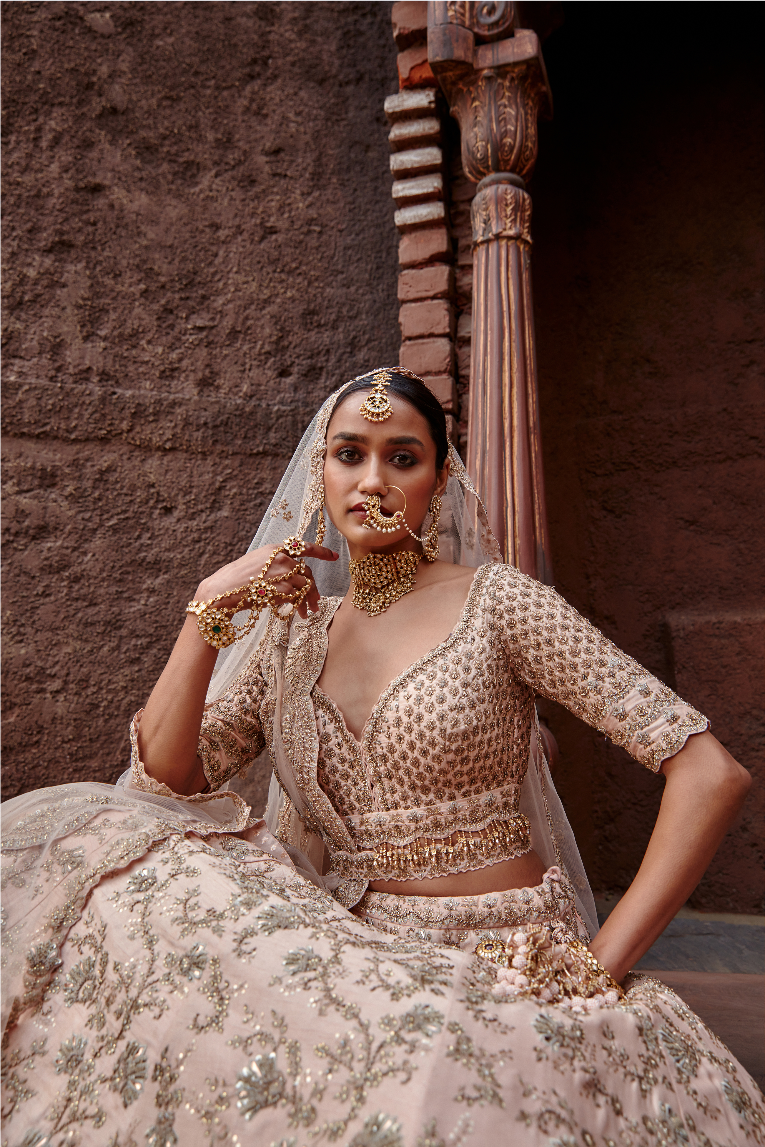 Blush Pink Raw Silk Lehenga Set with Antique Zari & Beadwork