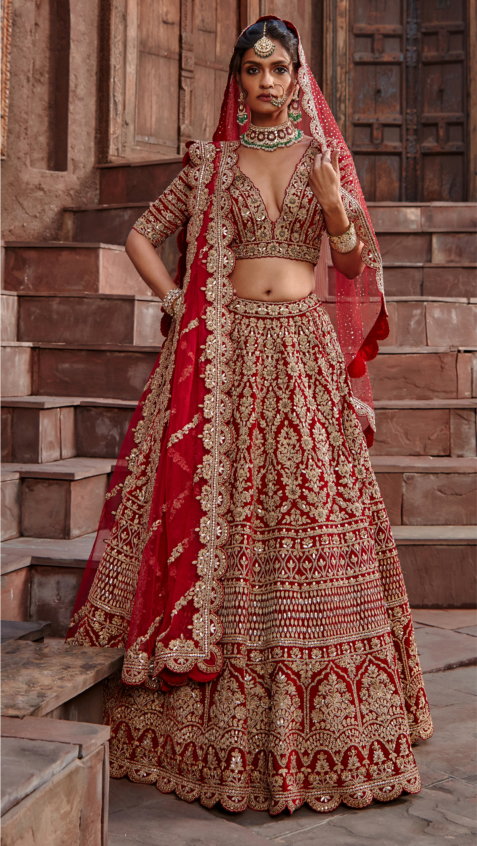 Blood Red Velvet Dori Lehenga Set with Gota and Dabka Work