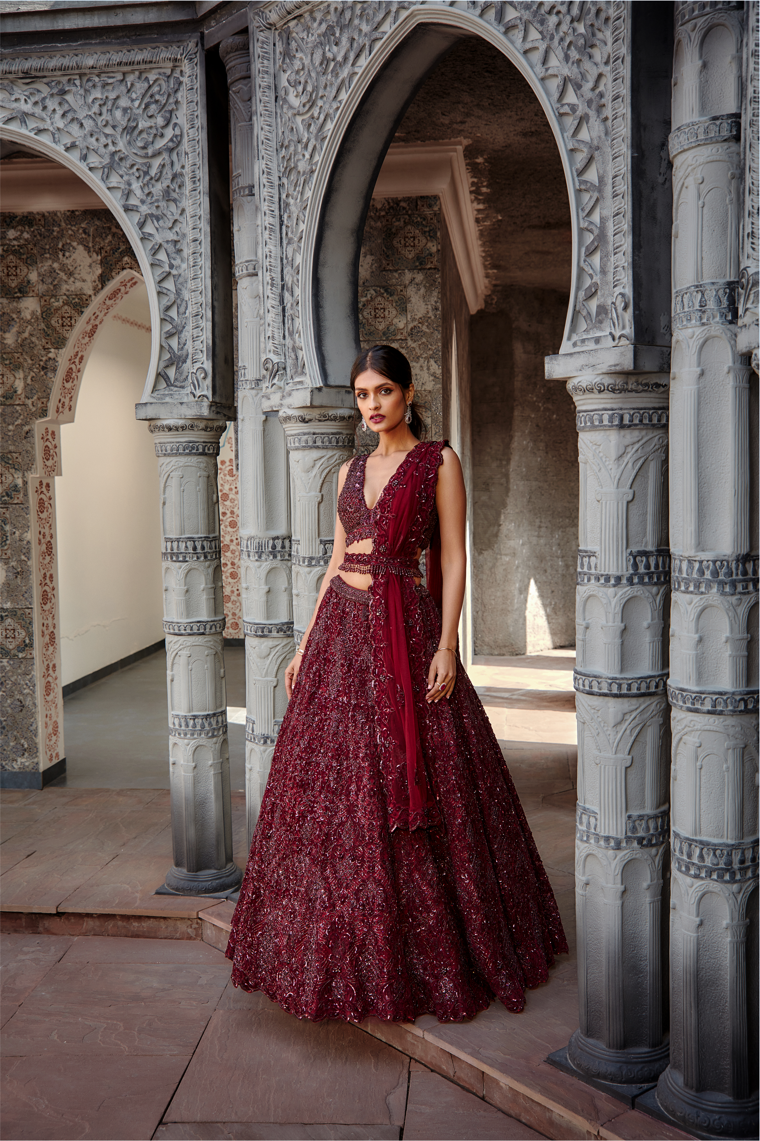 Deep Burgundy Tulle Lehenga Set | Hand-Embellished Wedding Wear