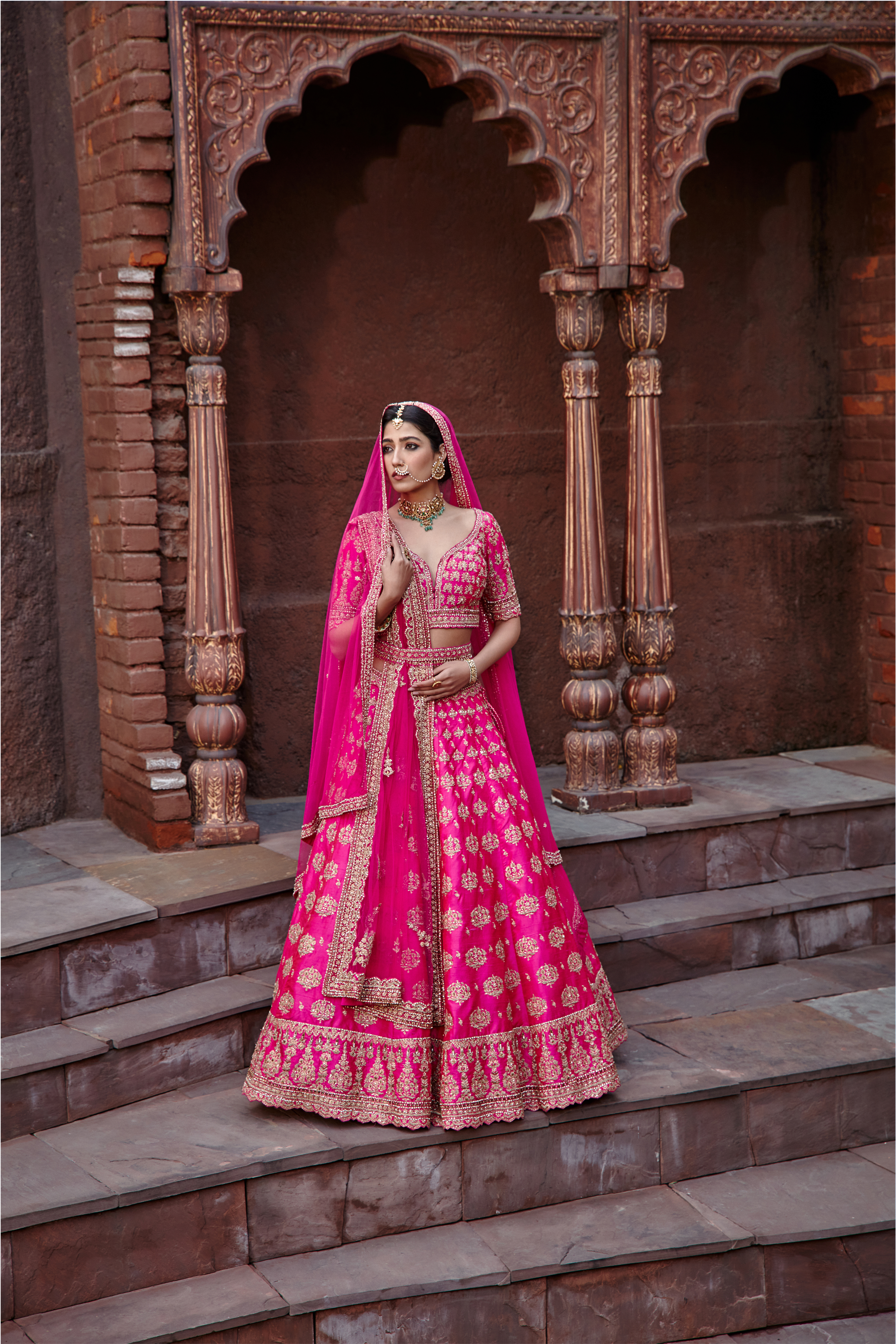 Fuchsia Raw Silk Lehenga Set with Antique Zari Embroidery