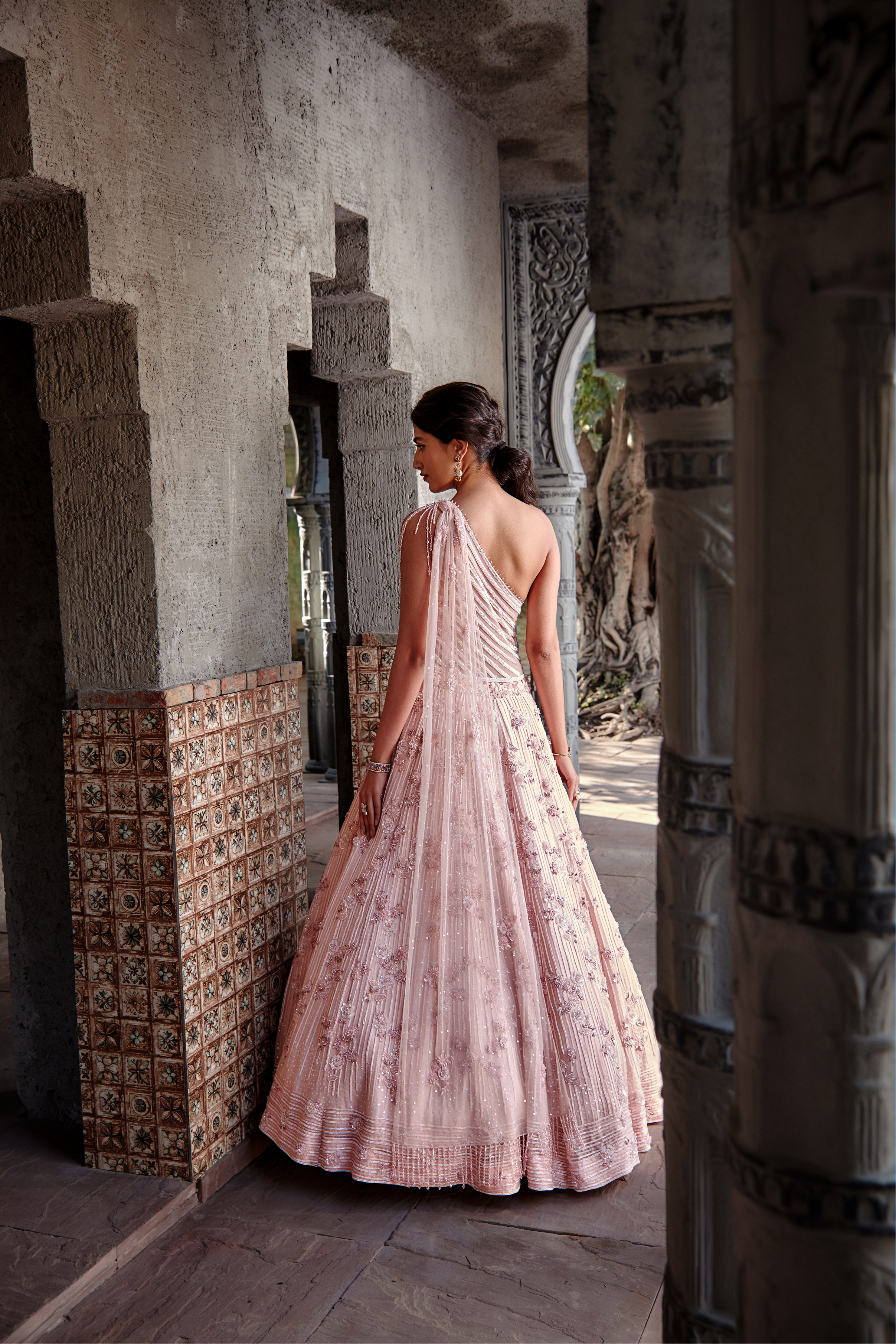 Blush Pink Organza One Shoulder Gown with Embellished Net Drape