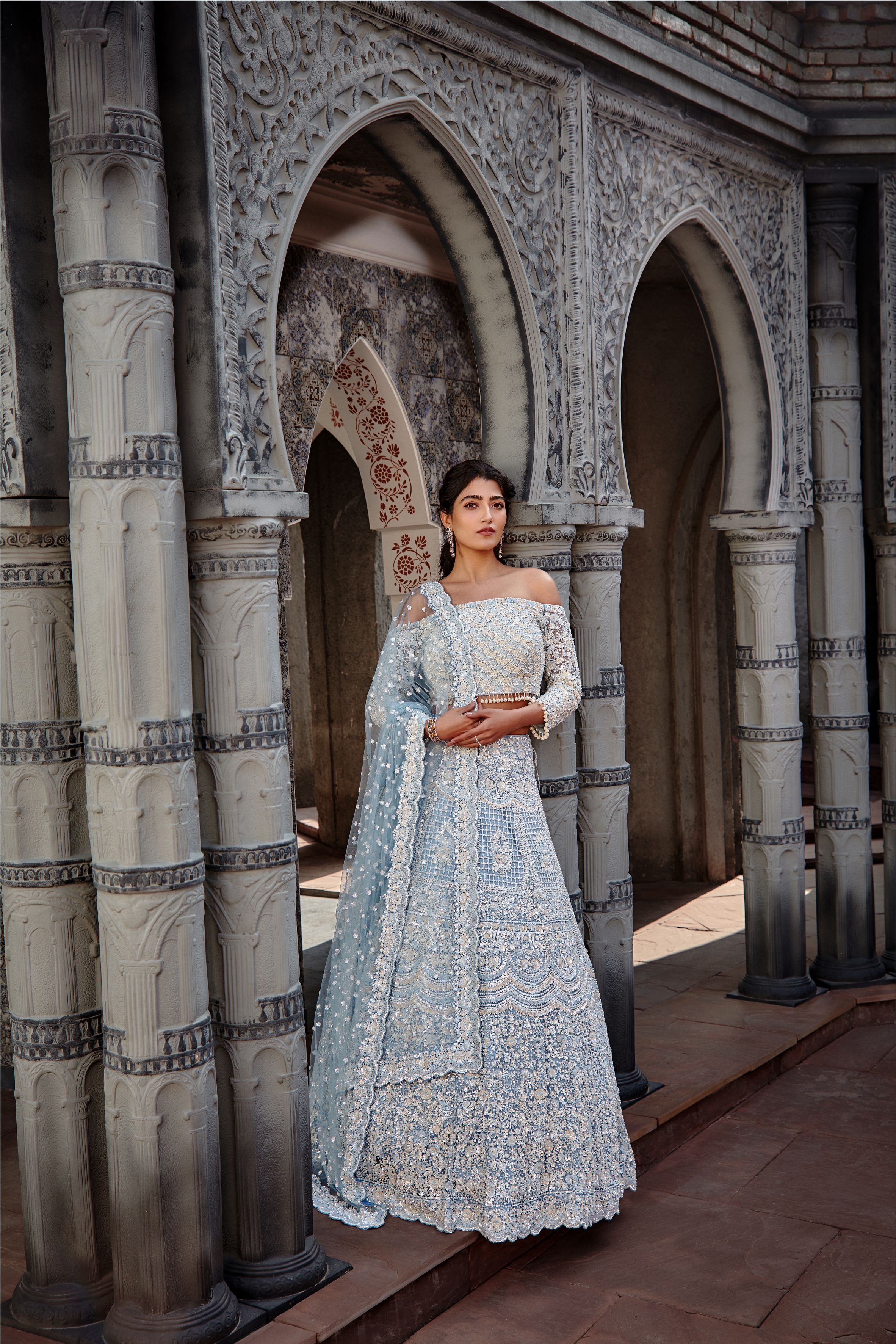 Powder Blue Net Lehenga Set with Off-Shoulder Choli & Sequins