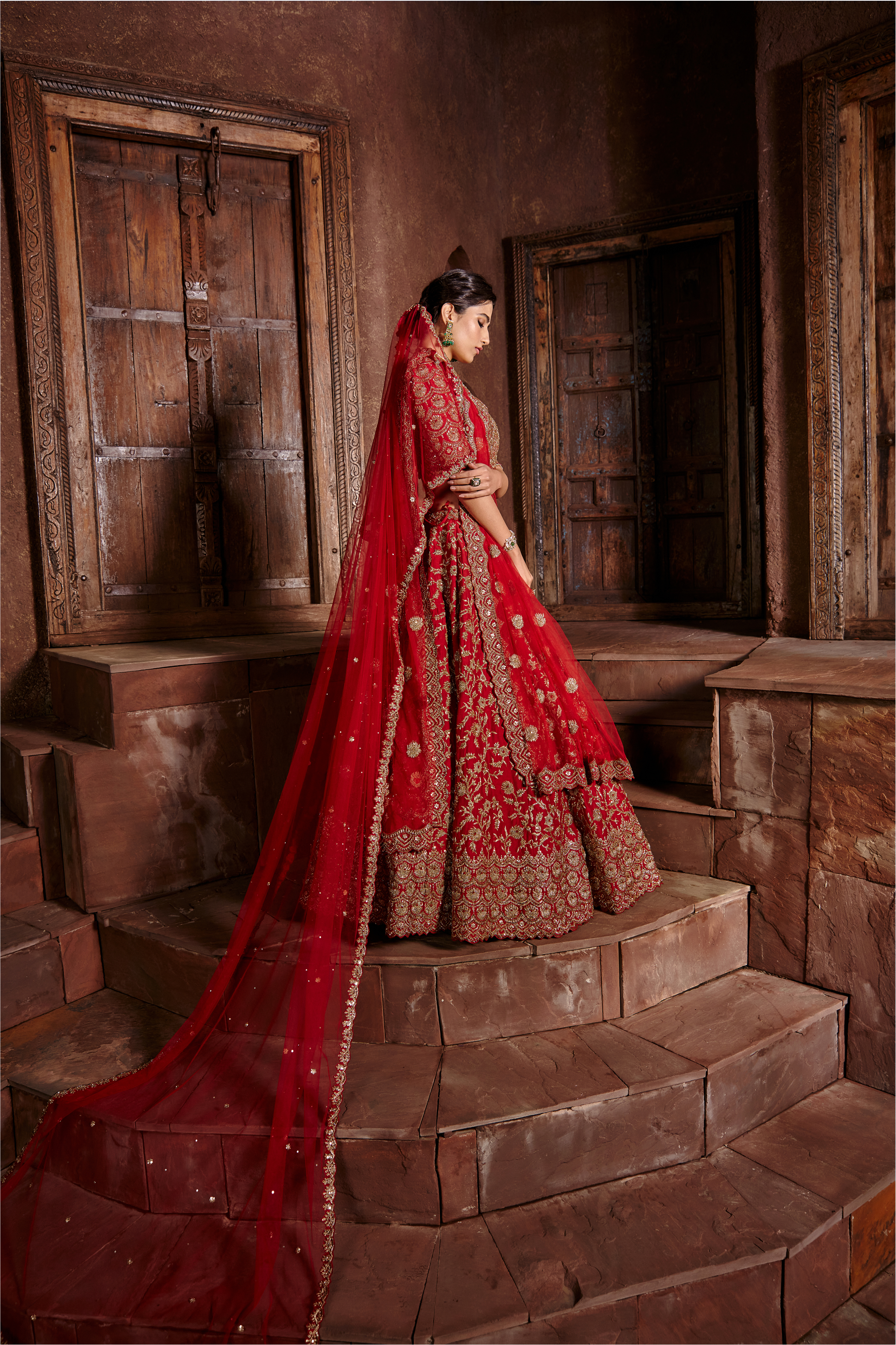 Deep Scarlet Red Raw Silk Lehenga with Antique Zari Work