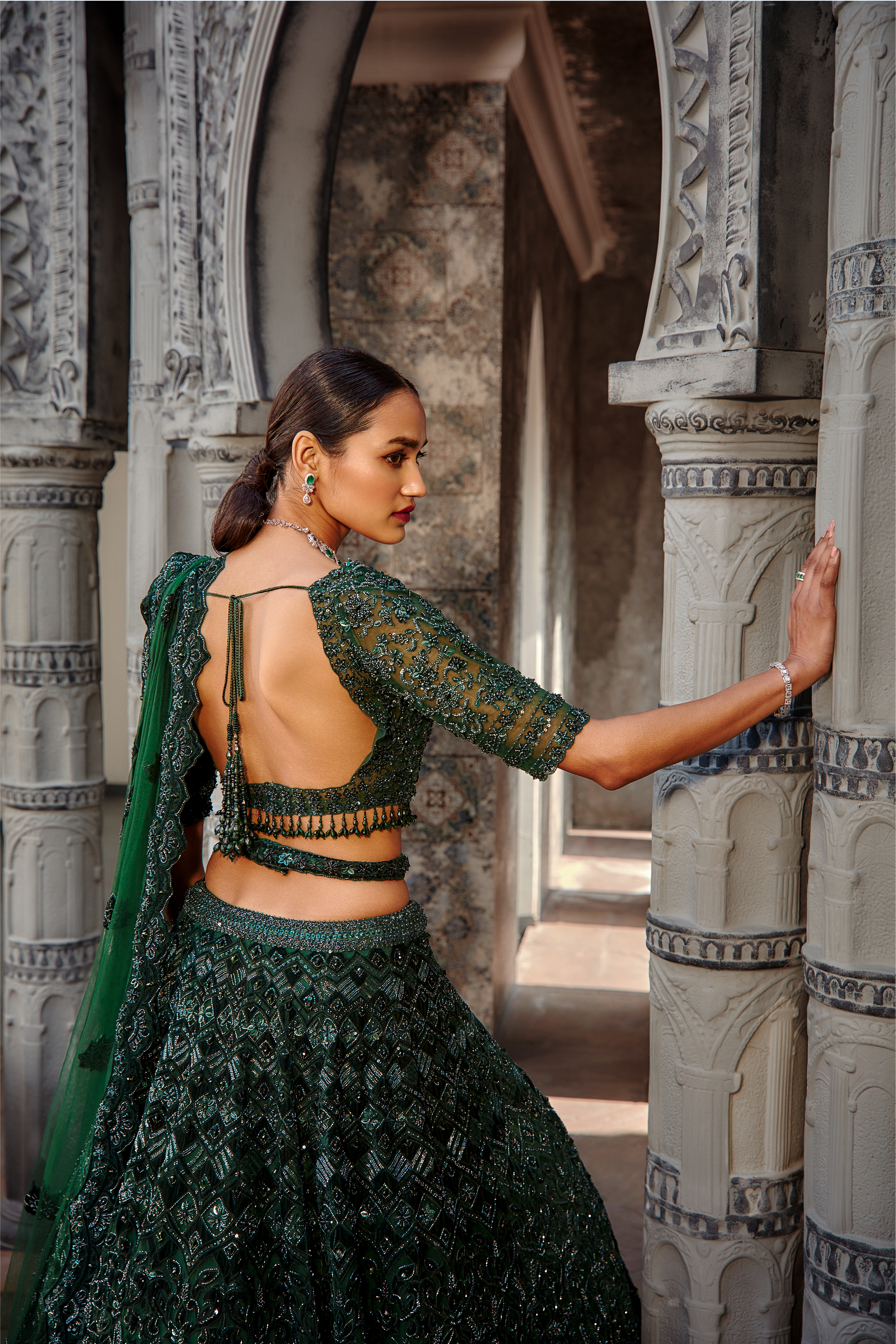 Bottle Green Velvet Applique Tulle Lehenga Set for Weddings