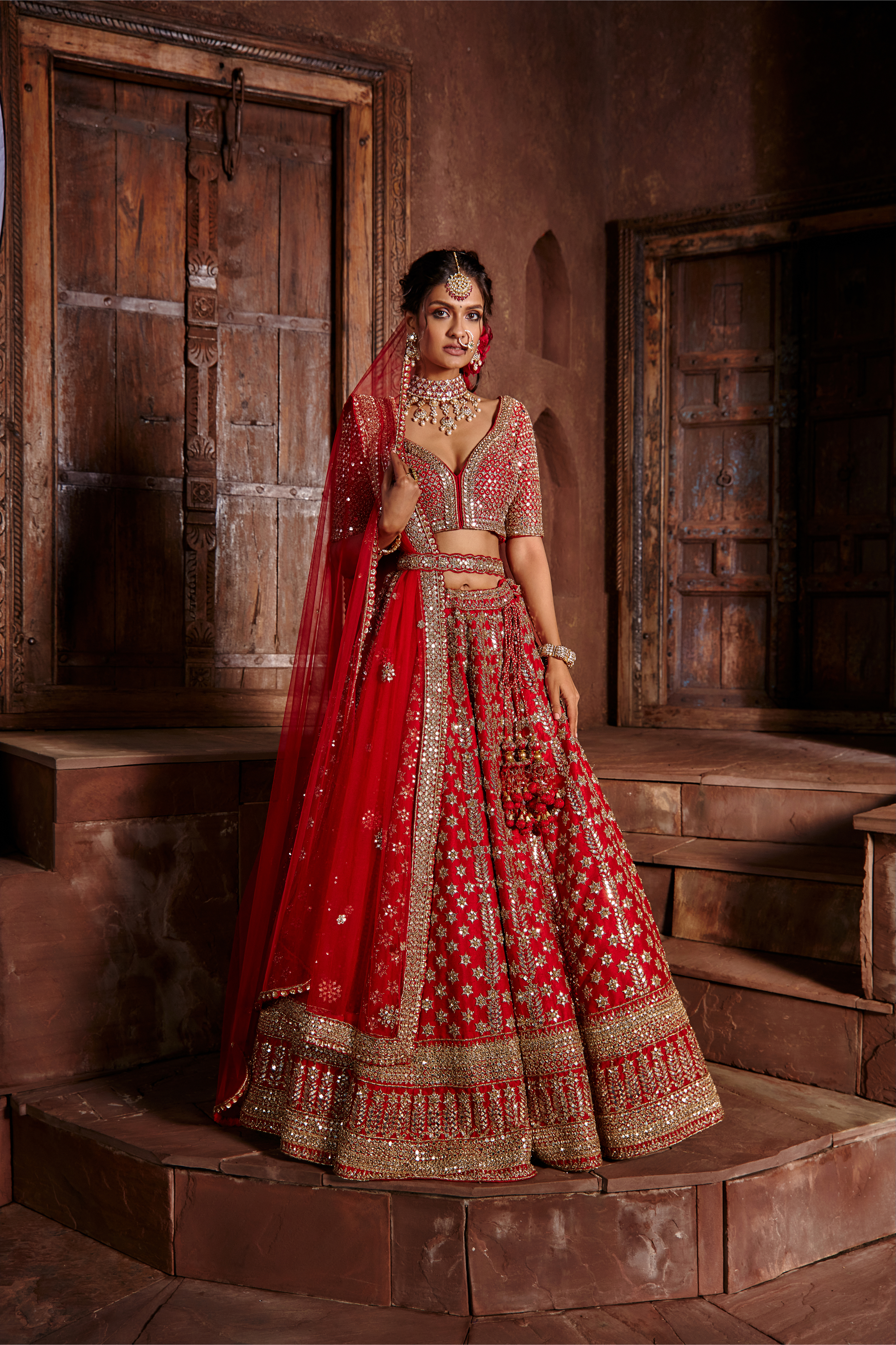 Crimson Red Raw Silk Lehenga Set with Antique Dabka & Mirror Work
