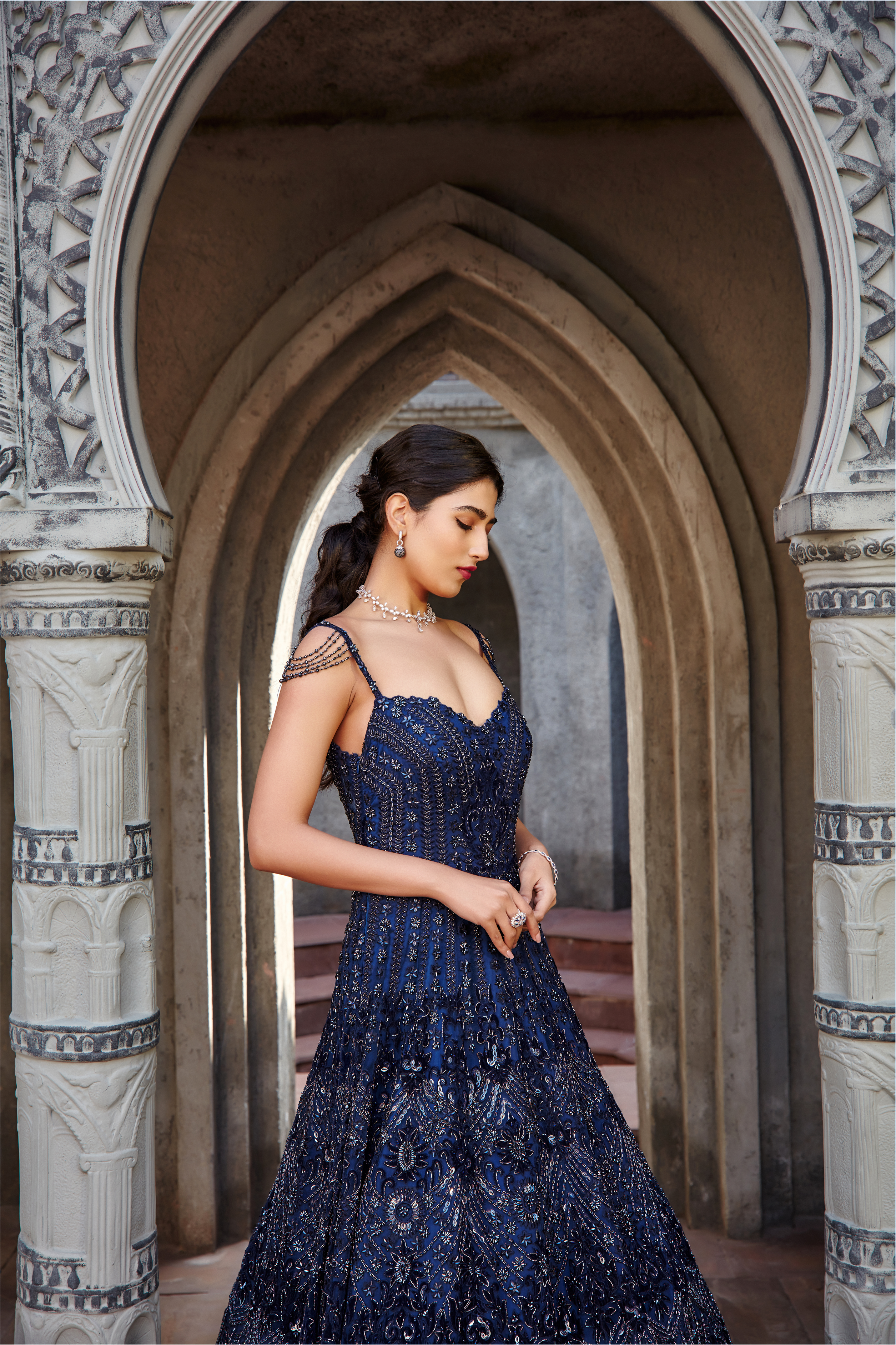 Navy Blue Tulle Gown with Velvet Applique & Crystals - Luxury Couture