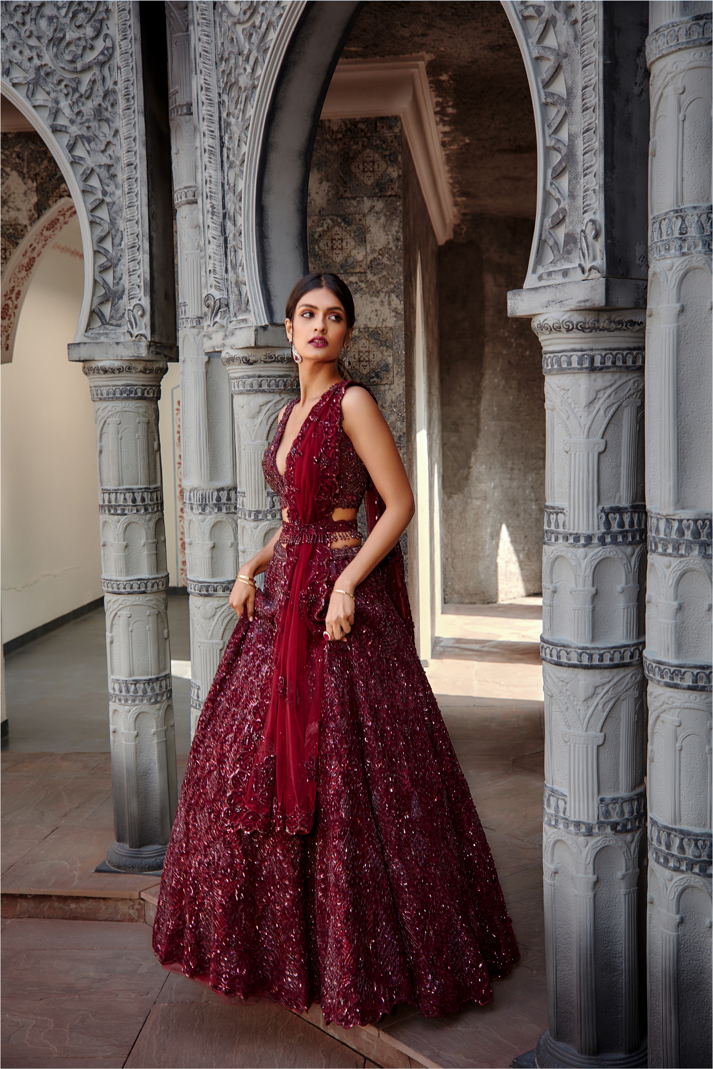 Deep Burgundy Tulle Lehenga Set | Hand-Embellished Wedding Wear