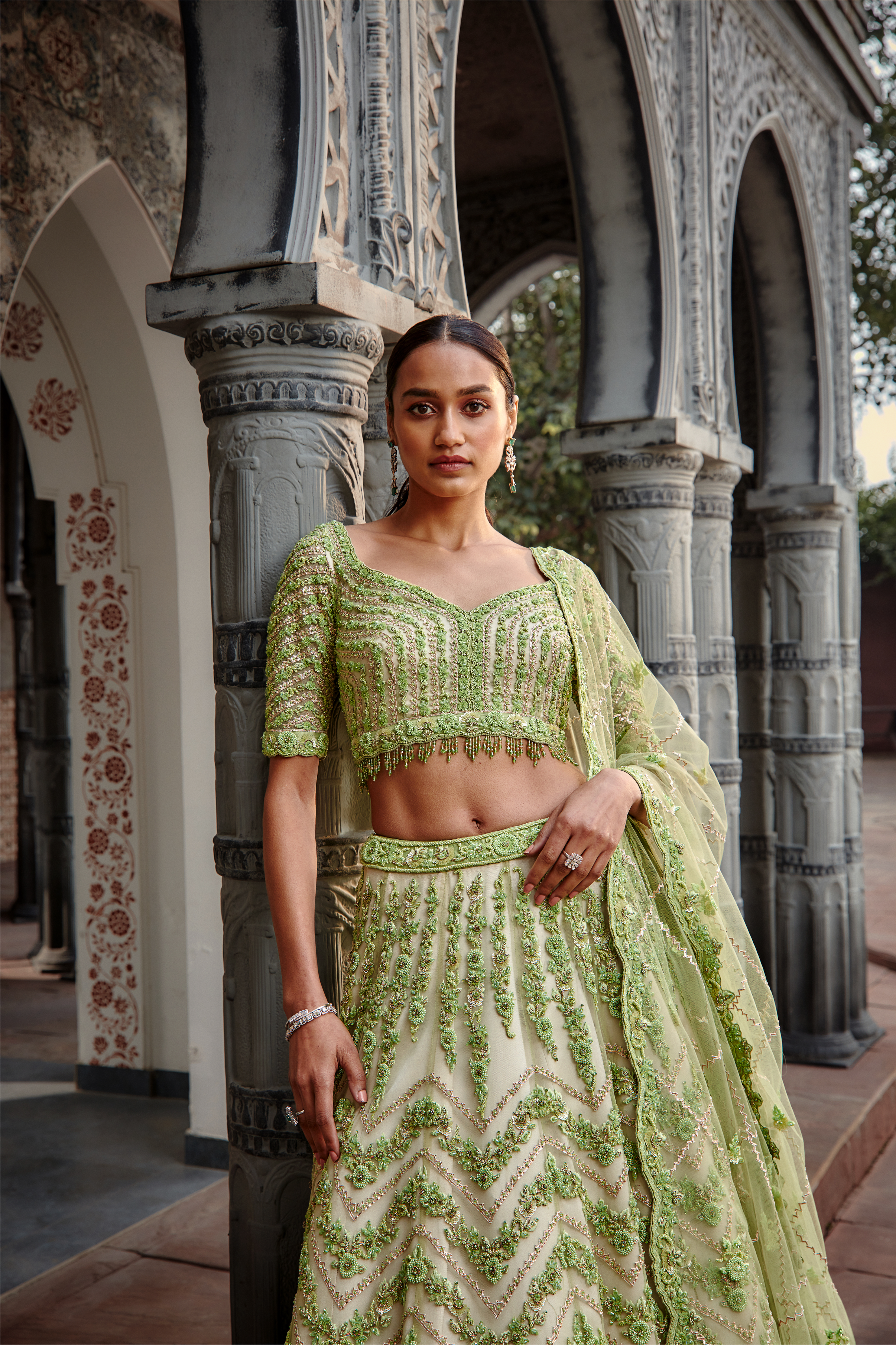 Ivory Lime Gota Resham Crystal Lehenga Set for Luxury Weddings