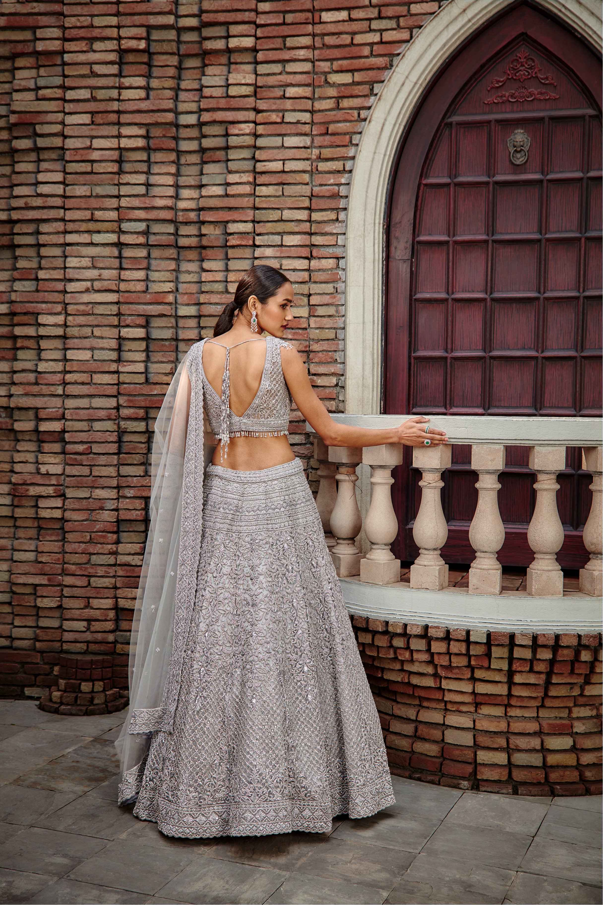 Silver Grey Tulle Lehenga Set with Intricate Zari & Crystals