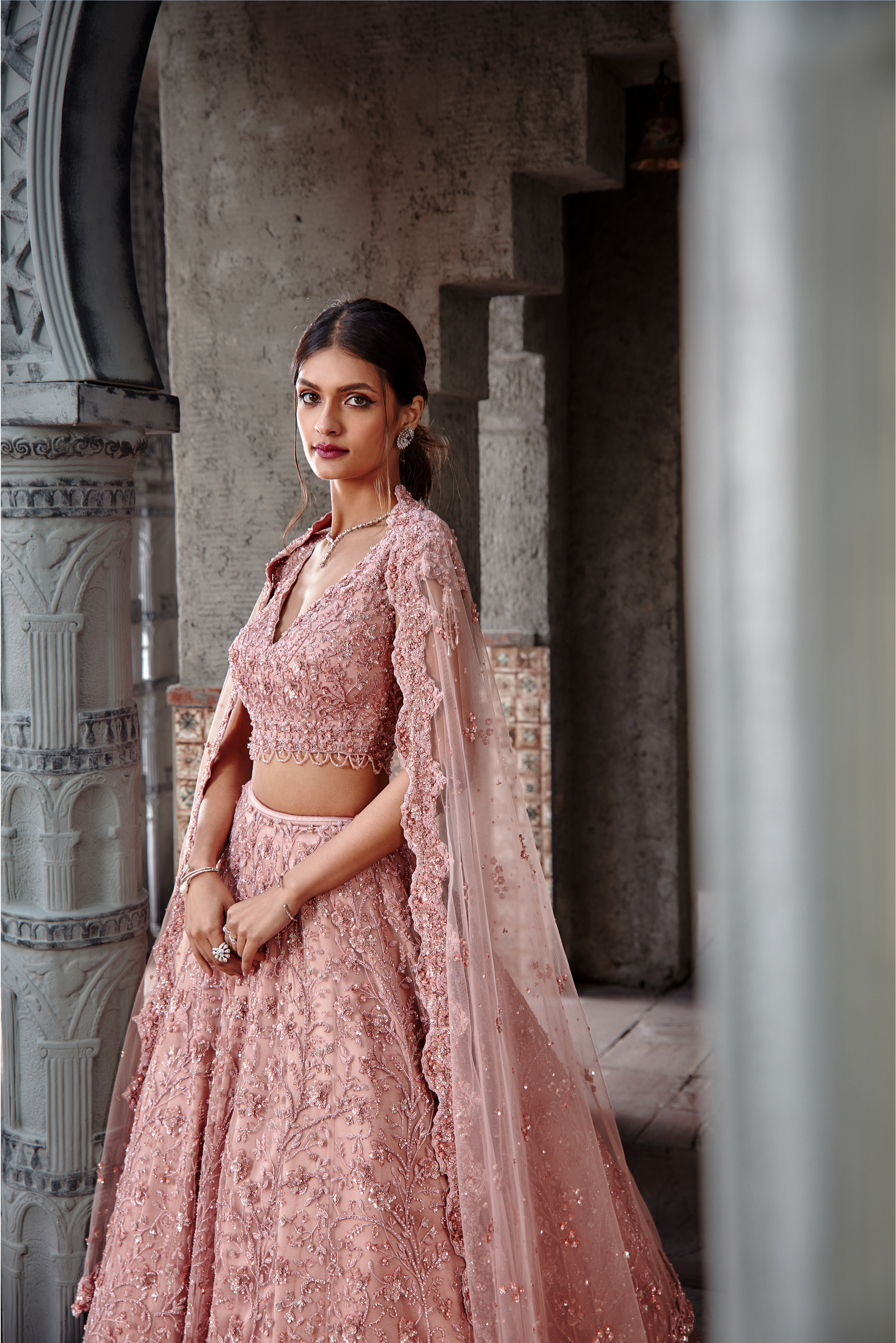 Dusty Coral Tulle Lehenga Set with Sequin Floral Jaal