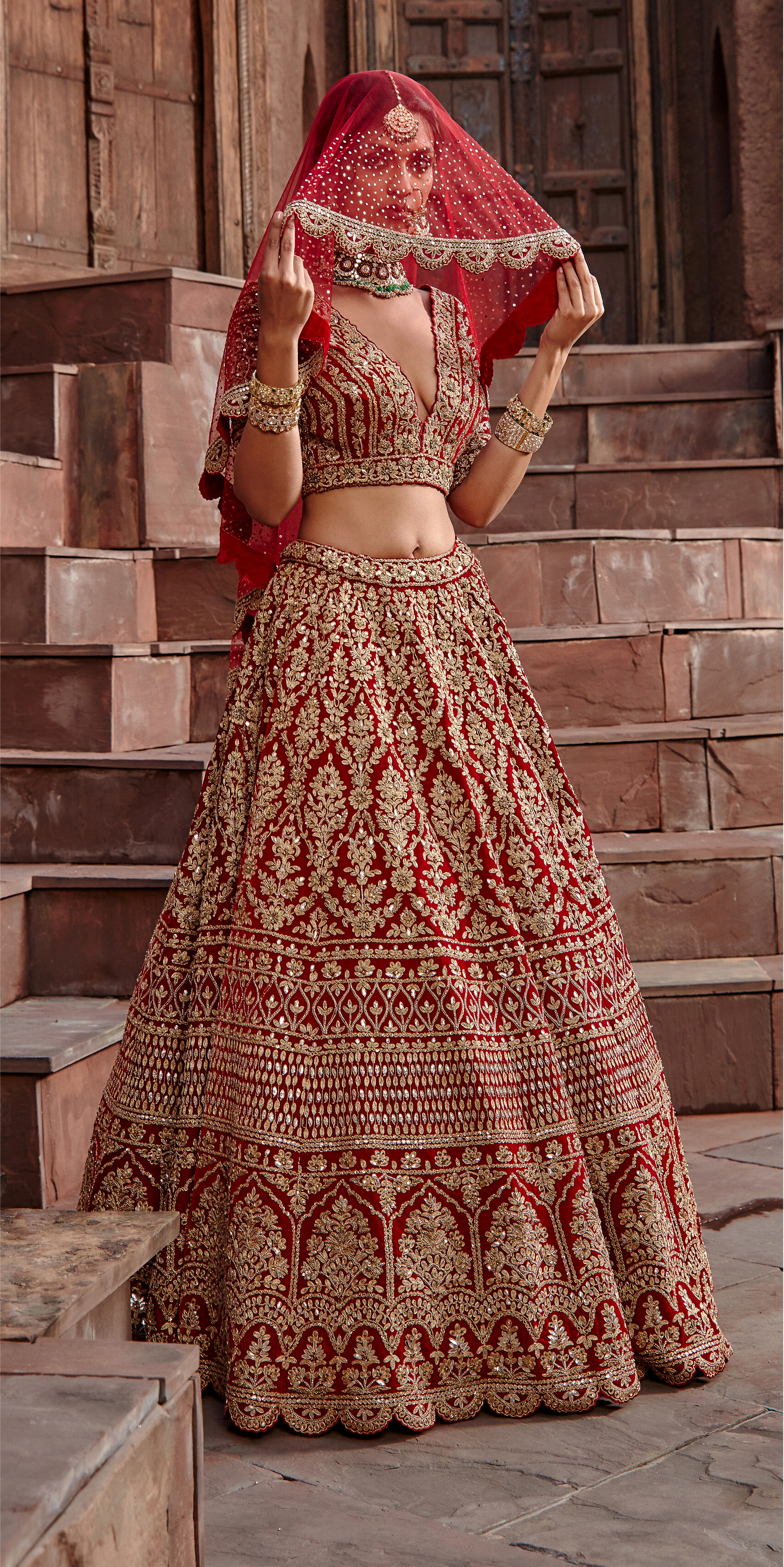 Blood Red Velvet Dori Lehenga Set with Gota and Dabka Work