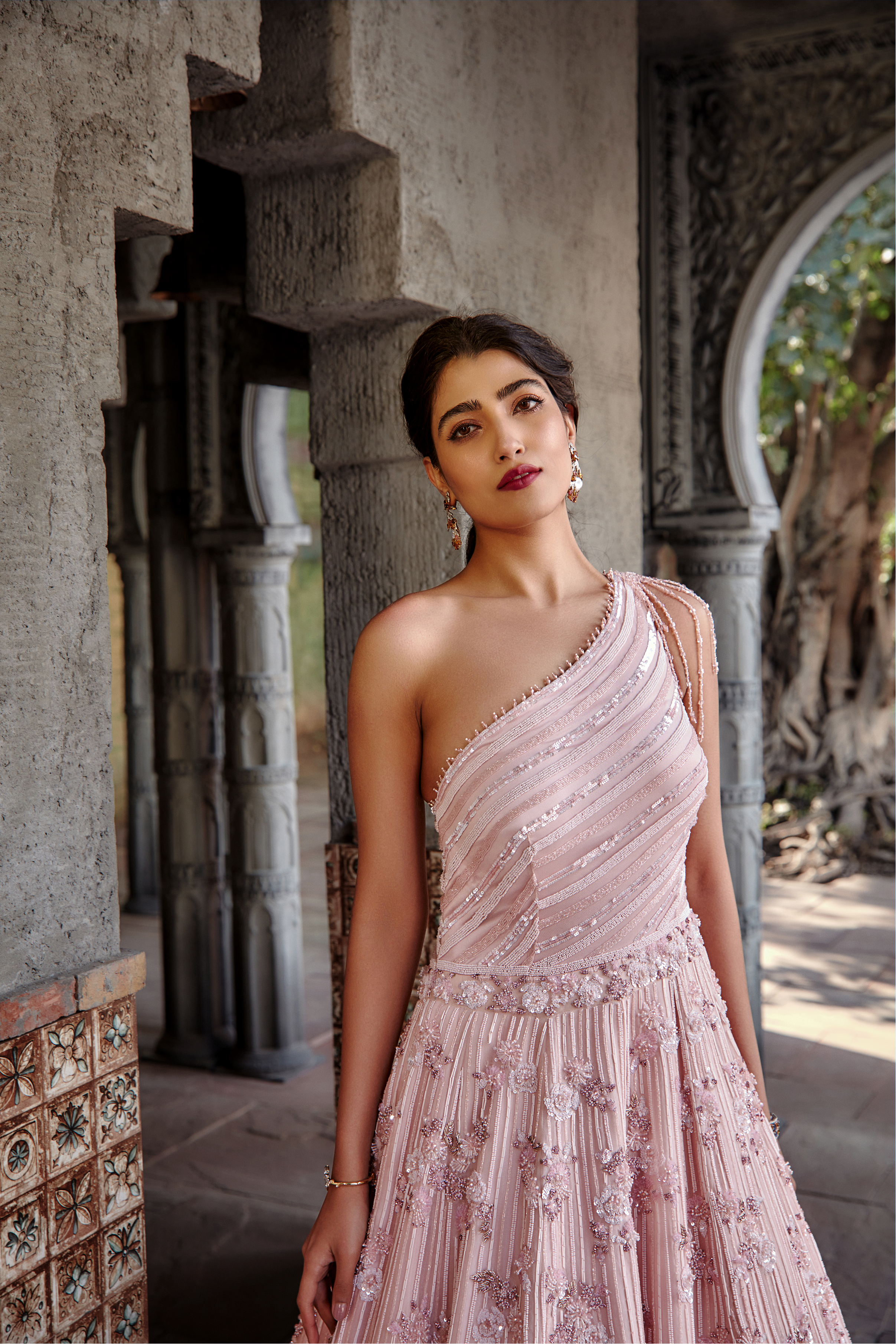 Blush Pink Organza One Shoulder Gown with Embellished Net Drape