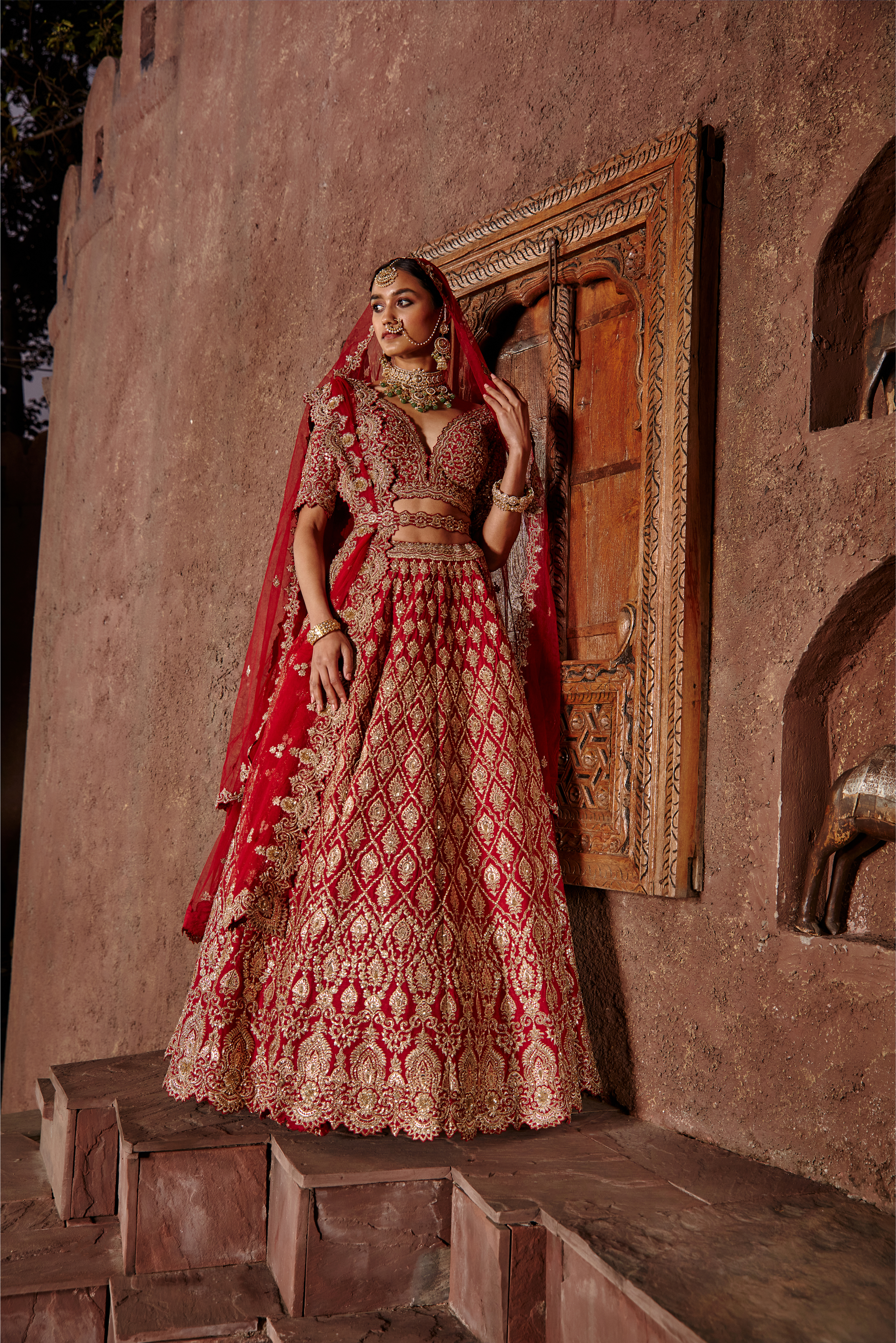 Red Raw Silk Lehenga Set with Leather Applique | Bridal Couture