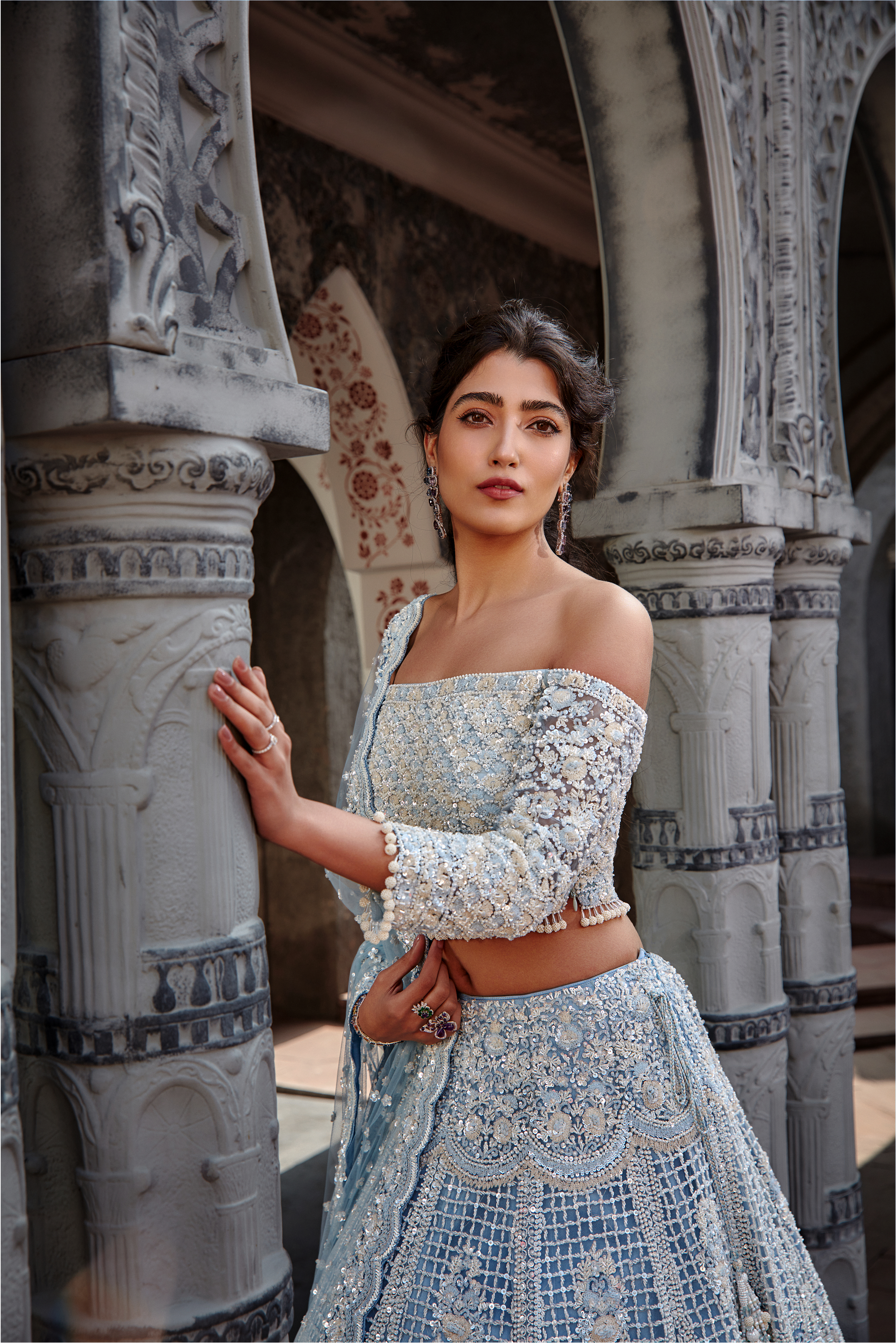 Powder Blue Net Lehenga Set with Off-Shoulder Choli & Sequins