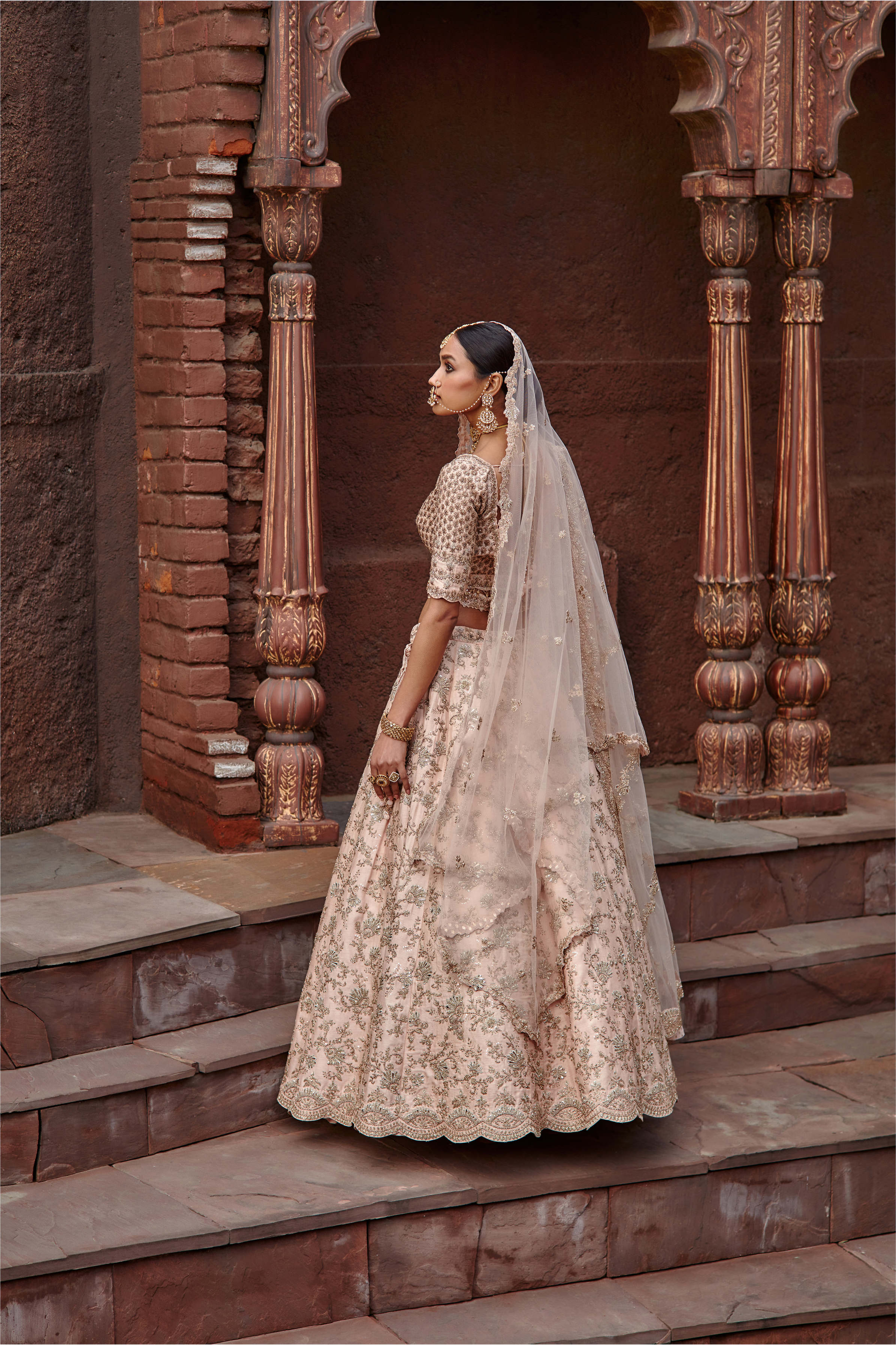 Blush Pink Raw Silk Lehenga Set with Antique Zari & Beadwork